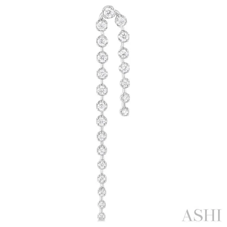 1 ctw Round Cut Diamond Asymmetrical Twin Row Fashion Long Earrings in 14K White Gold