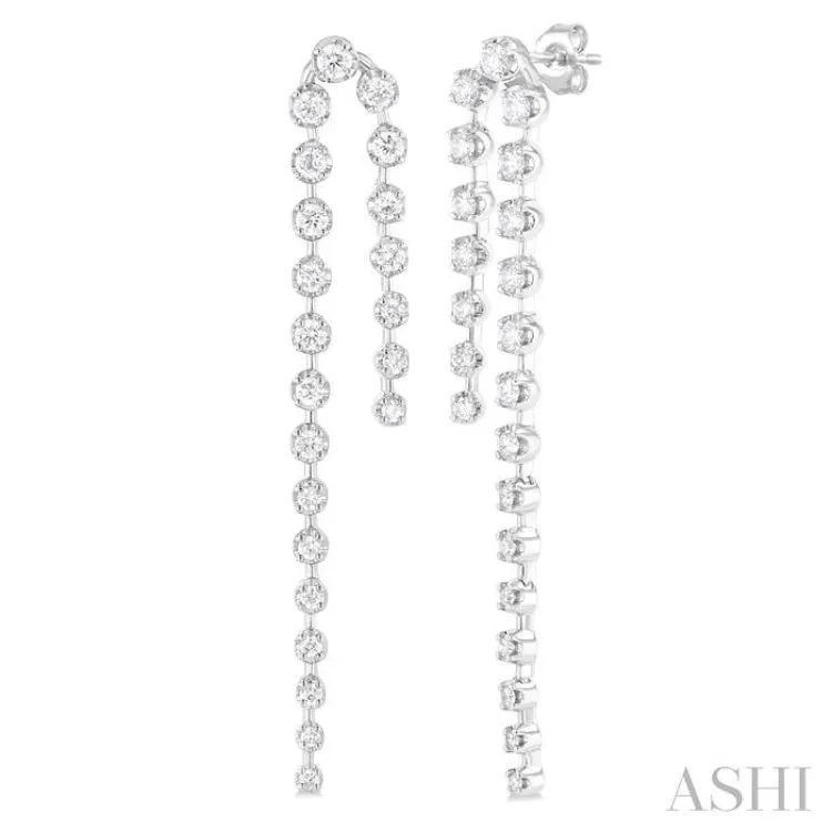 1 ctw Round Cut Diamond Asymmetrical Twin Row Fashion Long Earrings in 14K White Gold