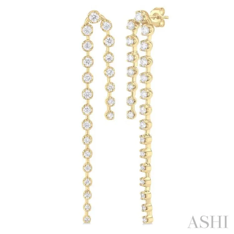 1 ctw Round Cut Diamond Asymmetrical Twin Row Fashion Long Earrings in 14K Yellow Gold