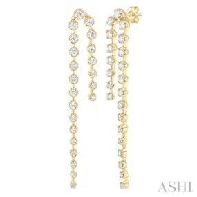 1 ctw Round Cut Diamond Asymmetrical Twin Row Fashion Long Earrings in 14K Yellow Gold