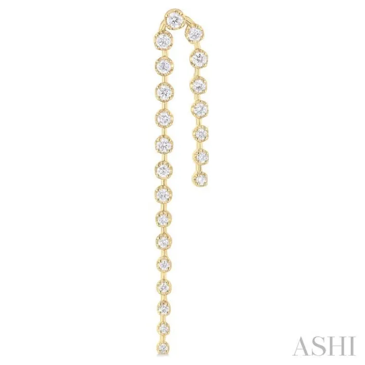 1 ctw Round Cut Diamond Asymmetrical Twin Row Fashion Long Earrings in 14K Yellow Gold