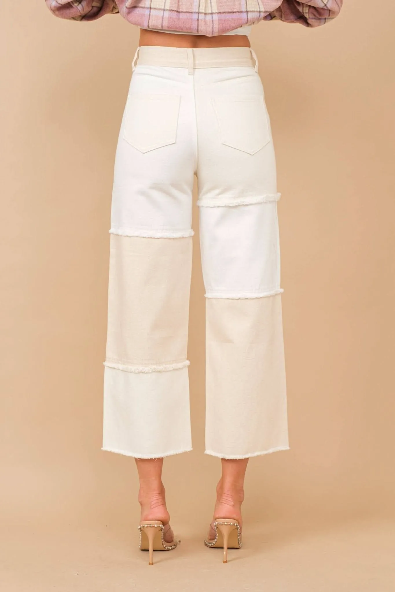 Beige White High Waisted Color Block Distressed Frill Twill Pants