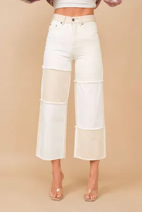 Beige White High Waisted Color Block Distressed Frill Twill Pants