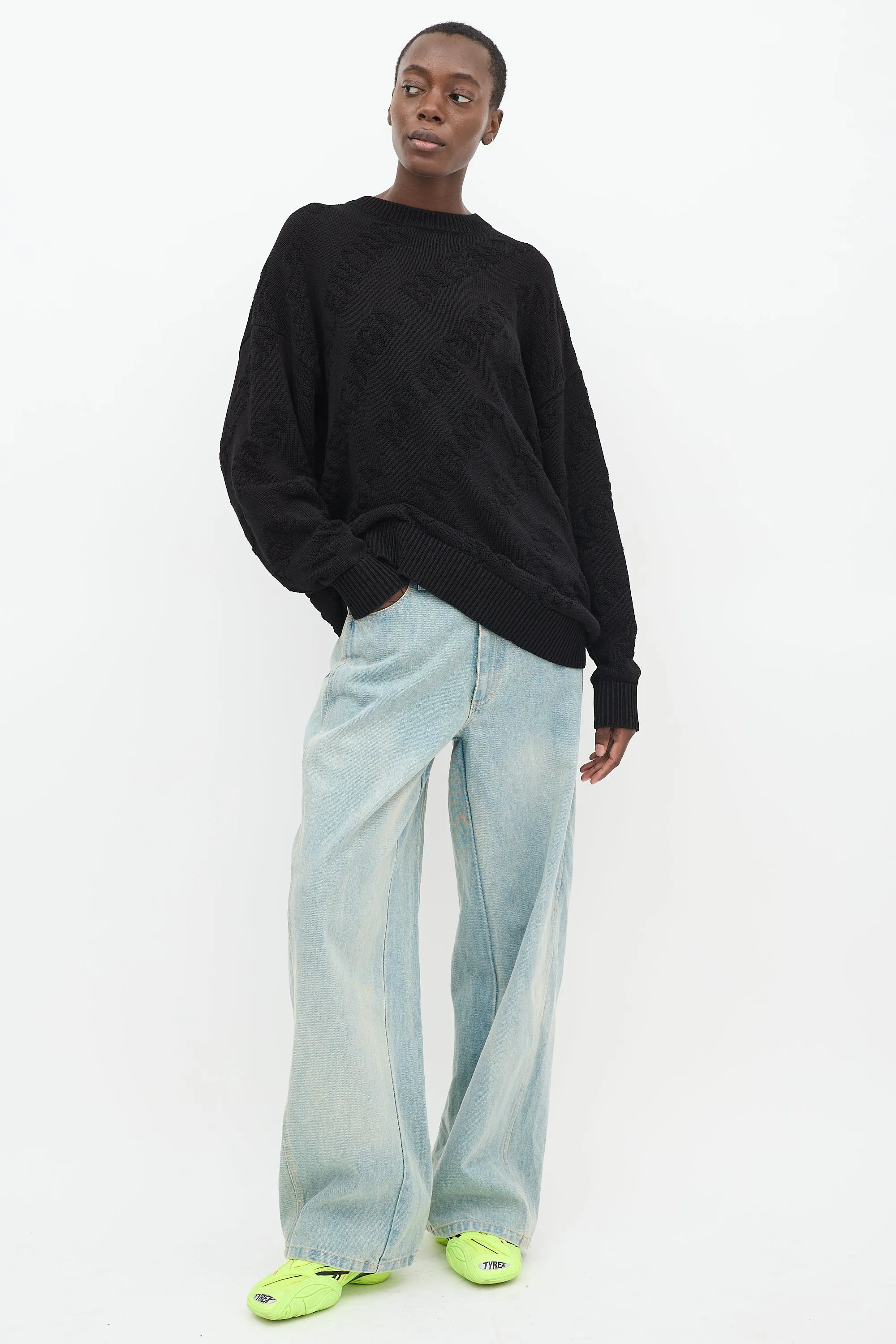 Black Cotton Allover Logo Intarsia Oversized Sweater