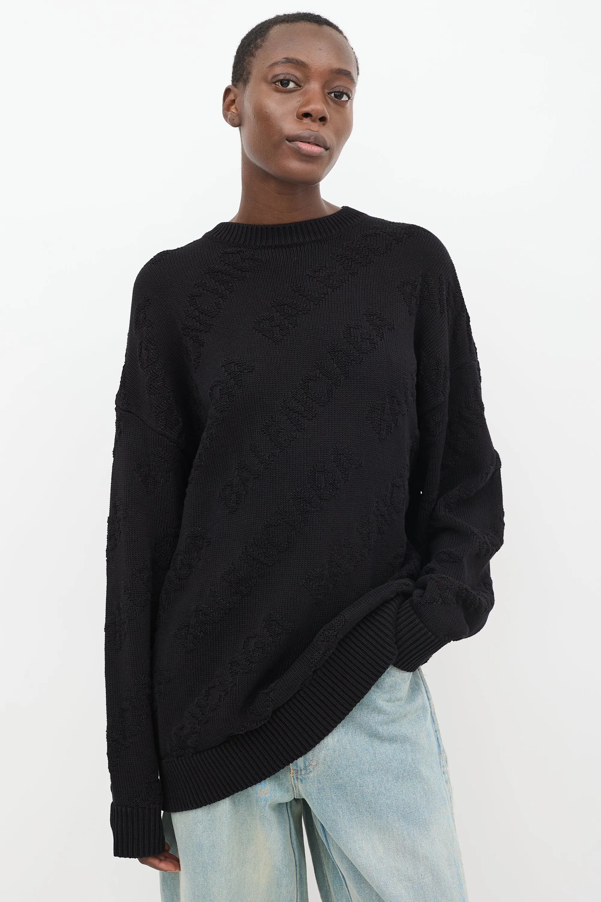 Black Cotton Allover Logo Intarsia Oversized Sweater