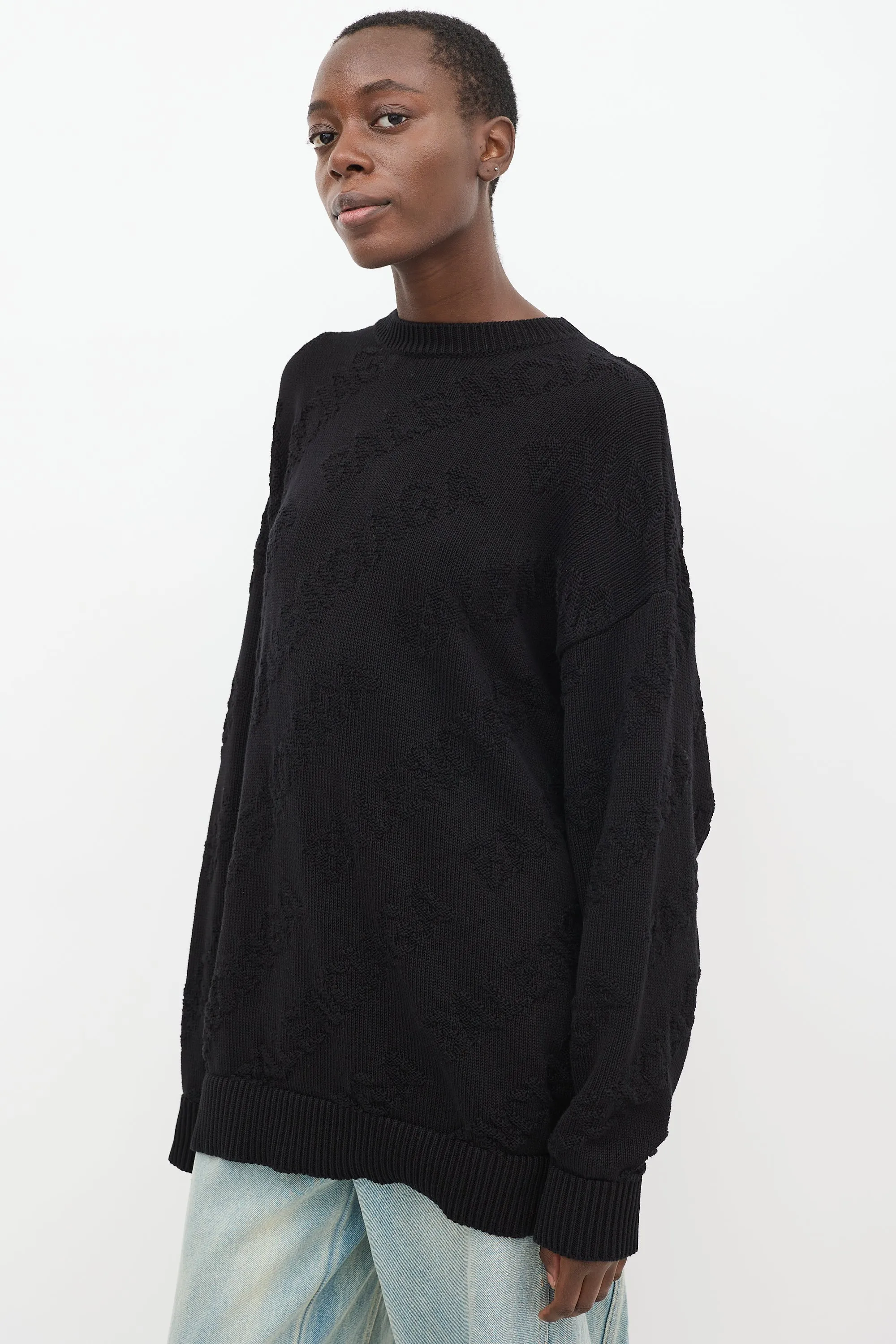 Black Cotton Allover Logo Intarsia Oversized Sweater