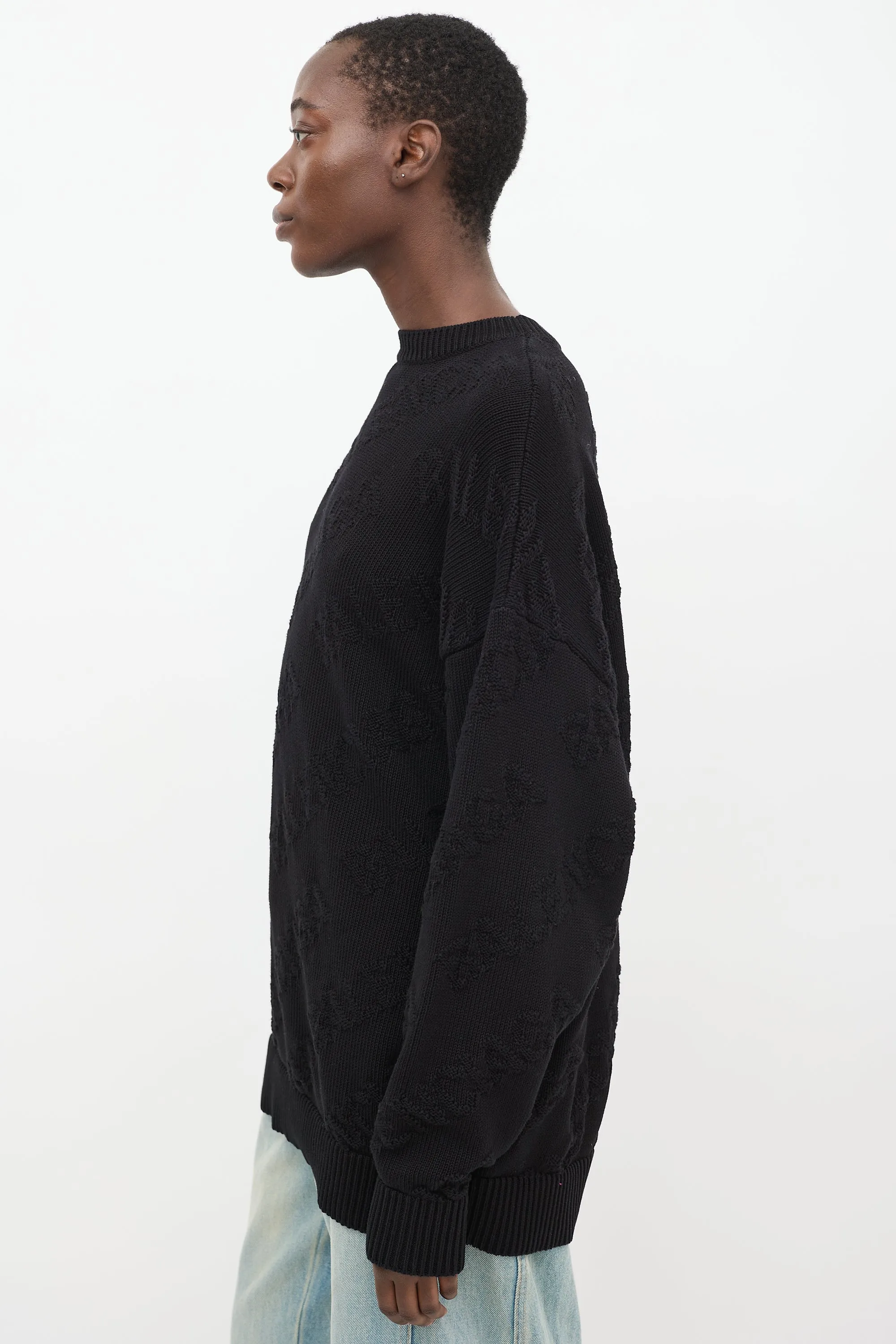 Black Cotton Allover Logo Intarsia Oversized Sweater