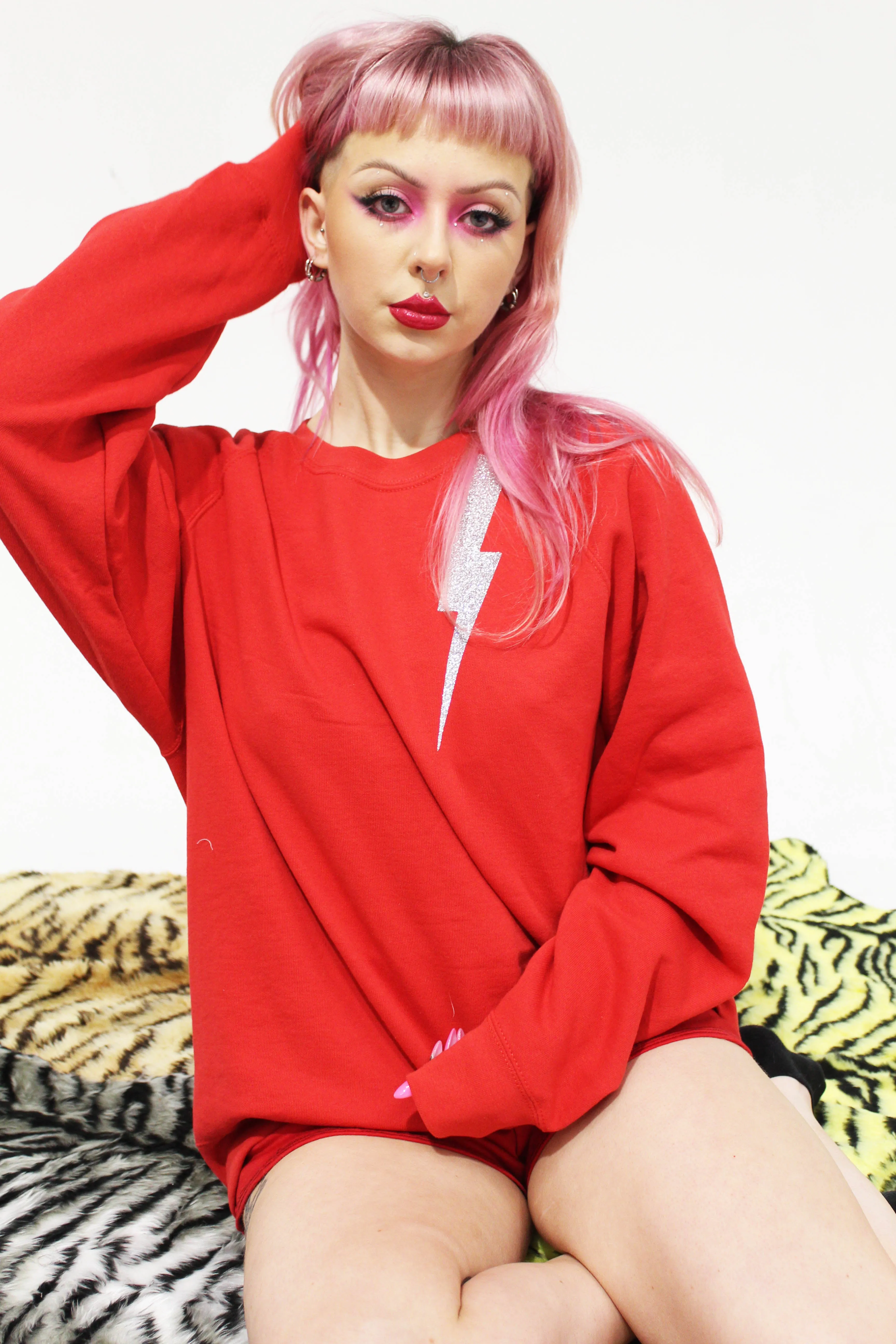 'Bolt on' red lounge jumper
