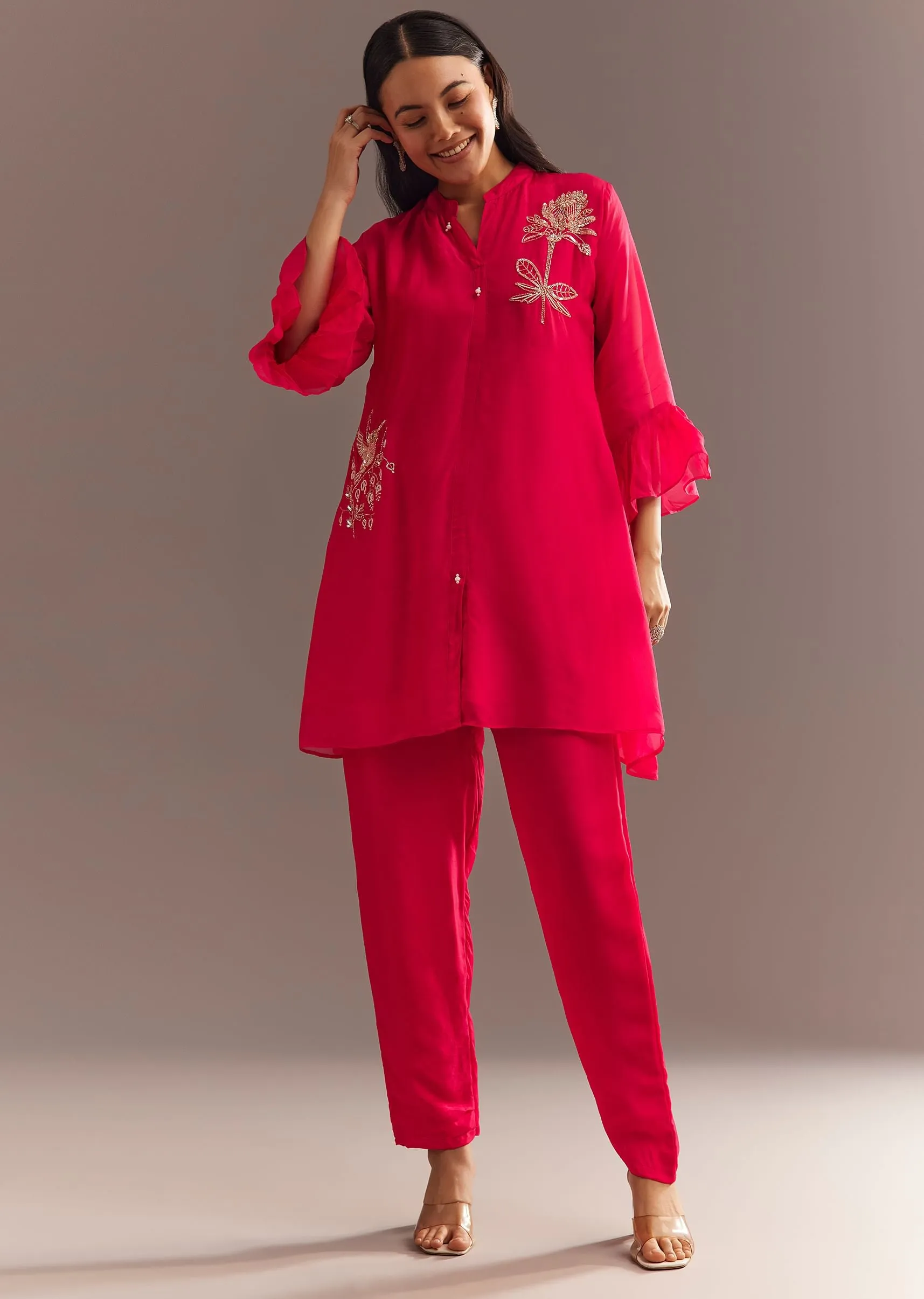 Dark Pink Organza Kurta Pant Set with Bird And Flower Motif