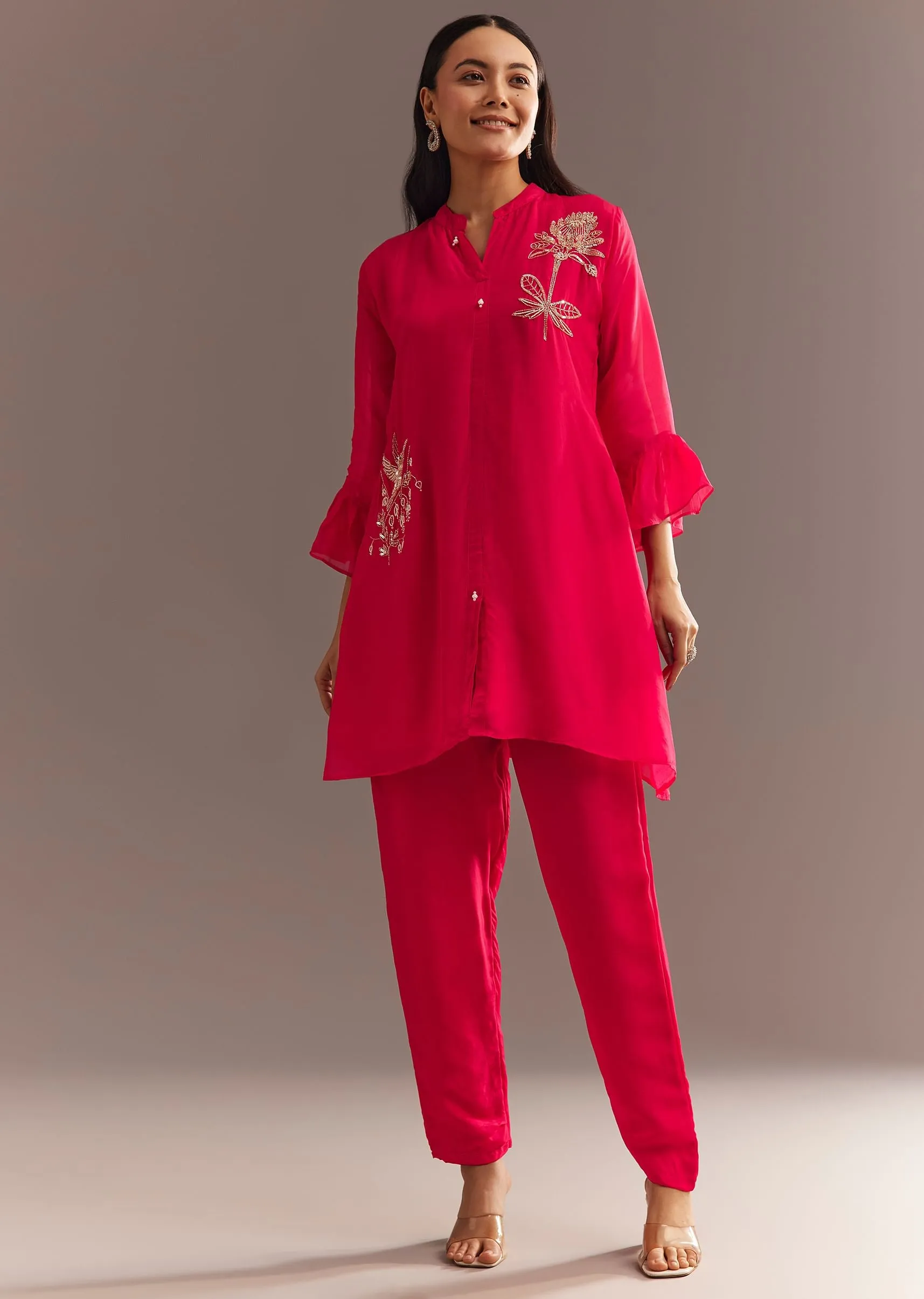 Dark Pink Organza Kurta Pant Set with Bird And Flower Motif