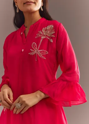 Dark Pink Organza Kurta Pant Set with Bird And Flower Motif