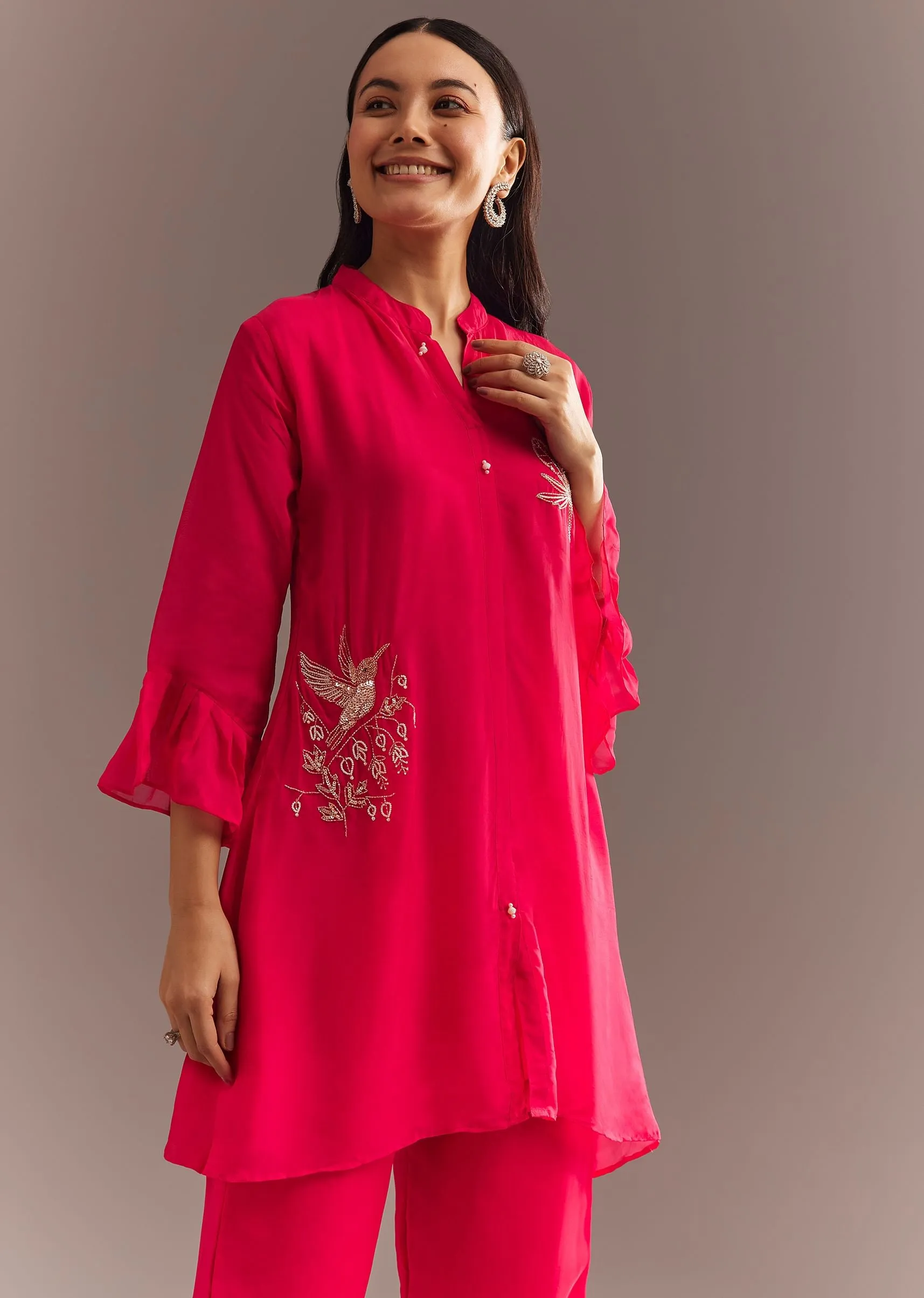 Dark Pink Organza Kurta Pant Set with Bird And Flower Motif