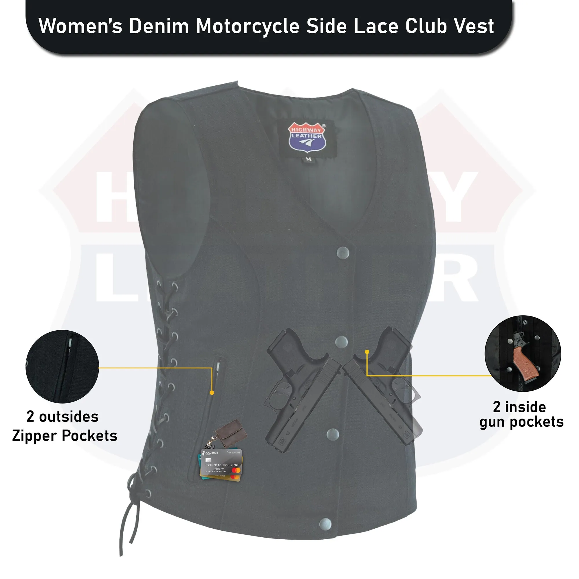 HL21851 Womens Denim Motorcycle Side Lace Club Vest with 2 Inside Ammo Pocket