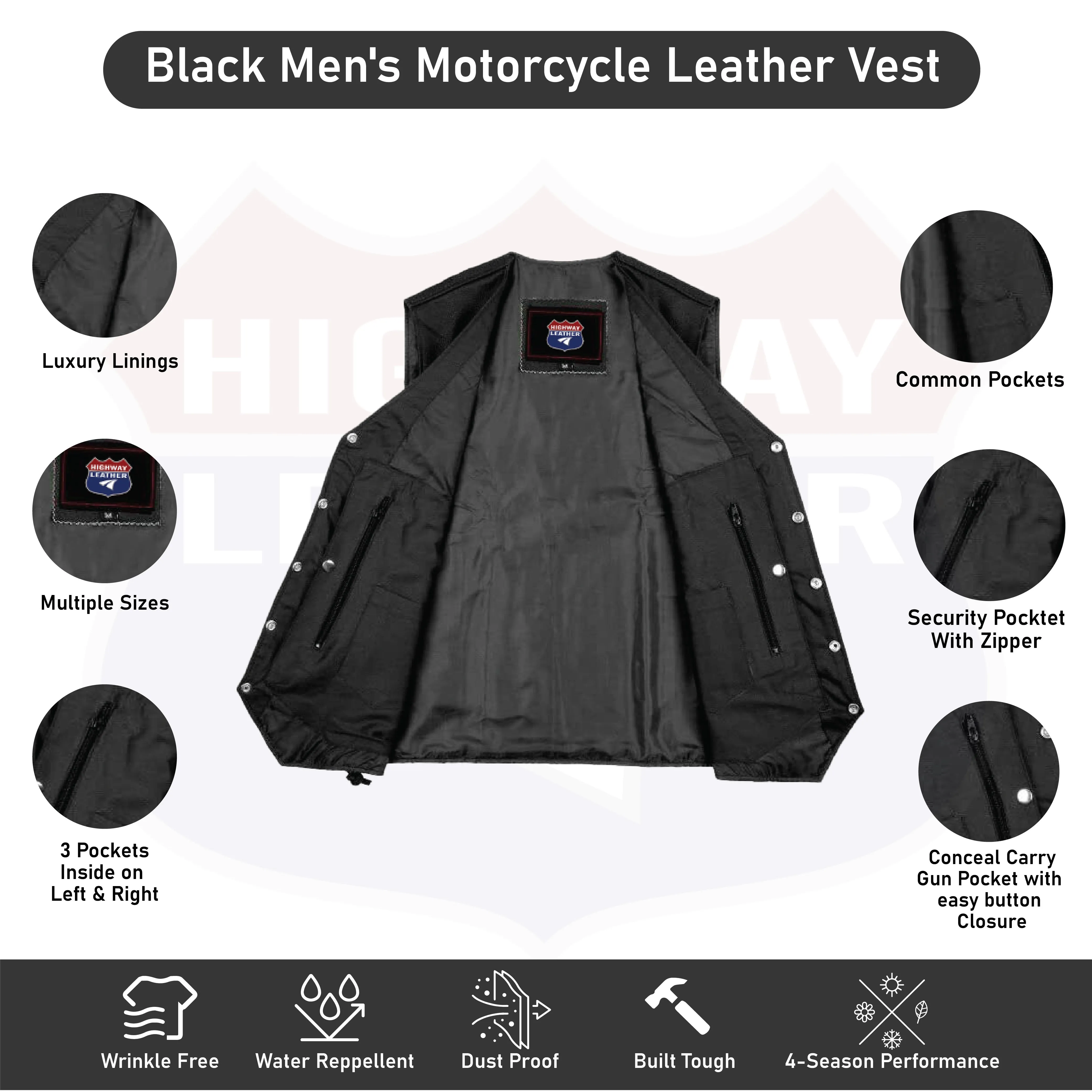 HL3540AIRFORCE Black Men's Genuine Leather 7 Pockets Motorcycle Biker Vest ANARCHY Black SOA