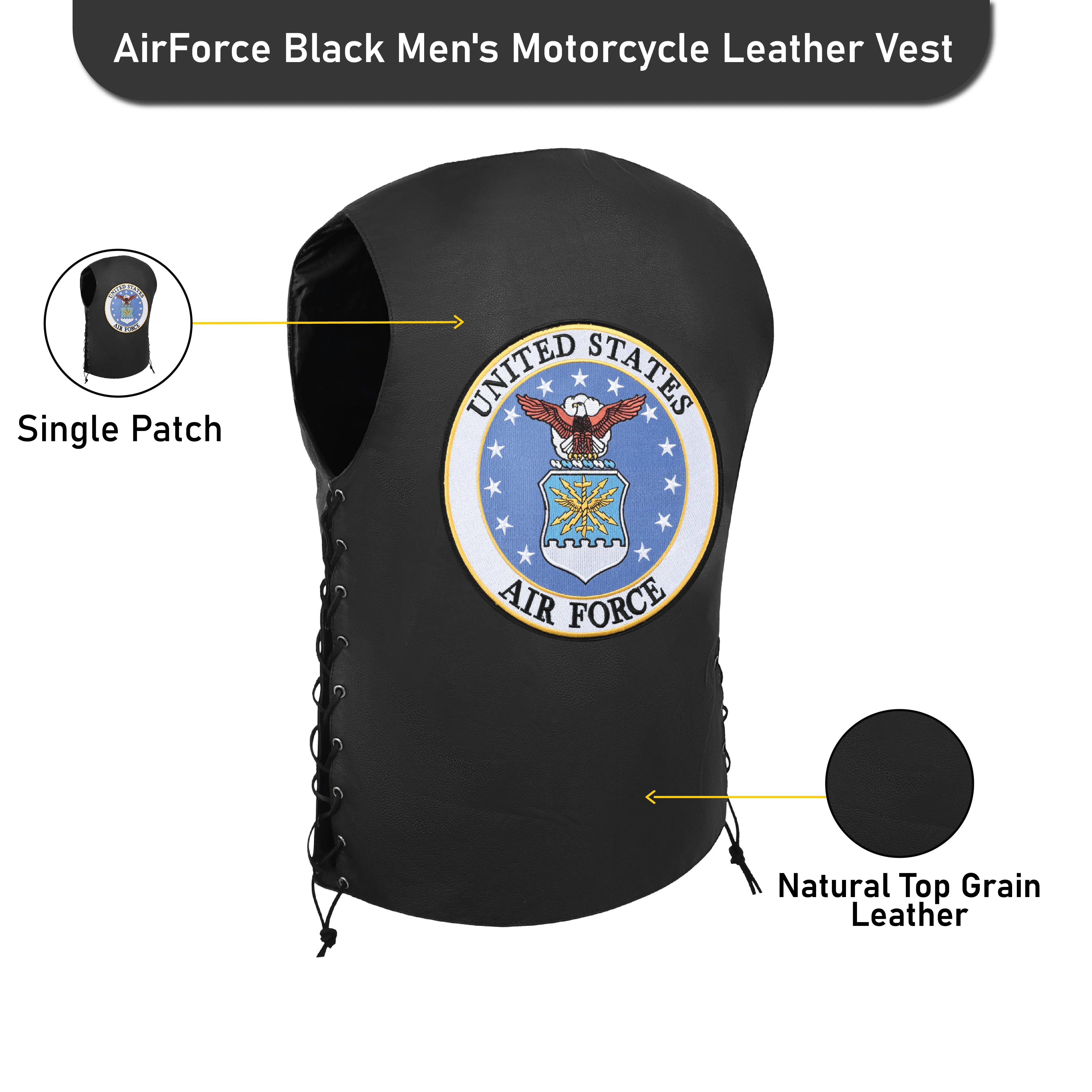 HL3540AIRFORCE Black Men's Genuine Leather 7 Pockets Motorcycle Biker Vest ANARCHY Black SOA
