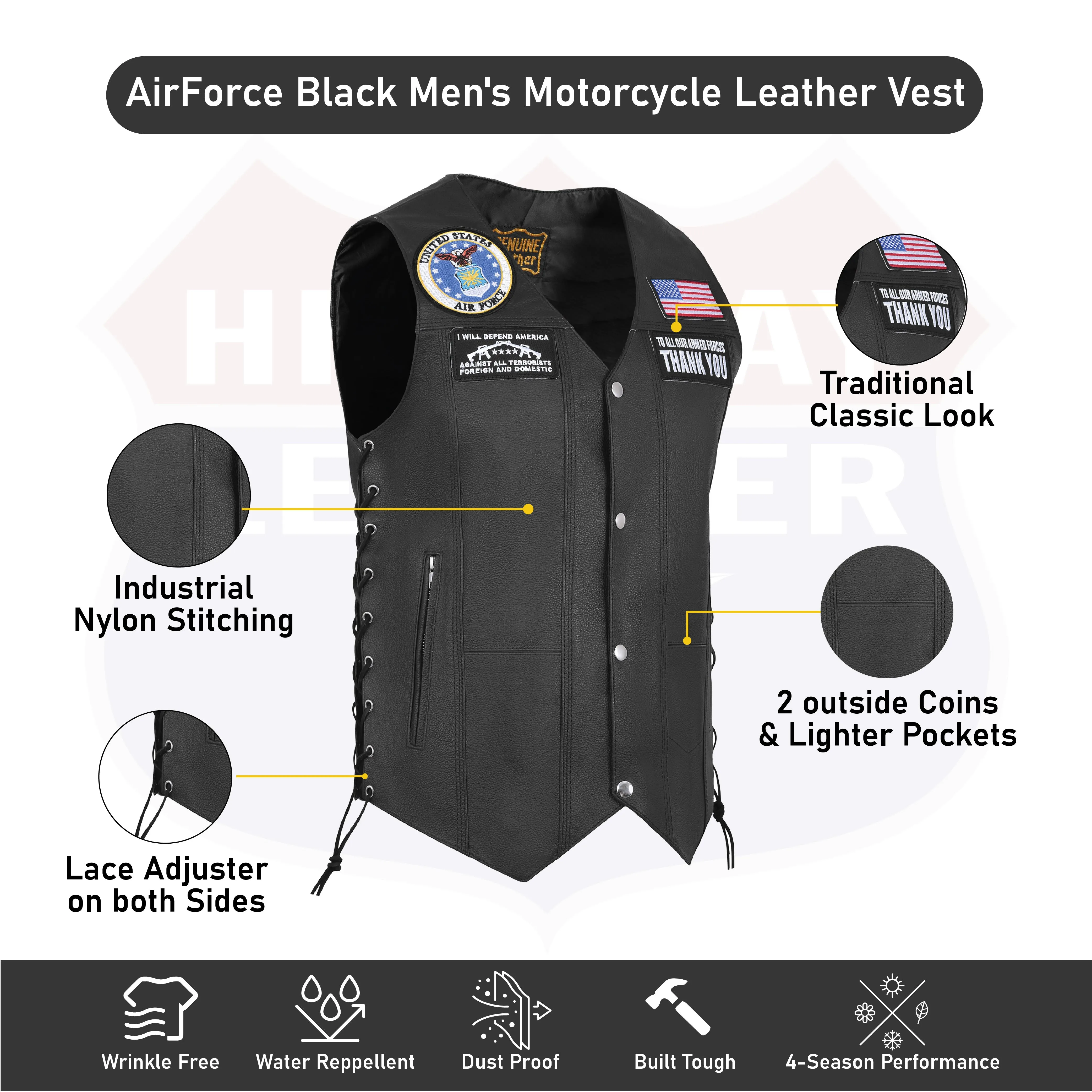 HL3540AIRFORCE Black Men's Genuine Leather 7 Pockets Motorcycle Biker Vest ANARCHY Black SOA