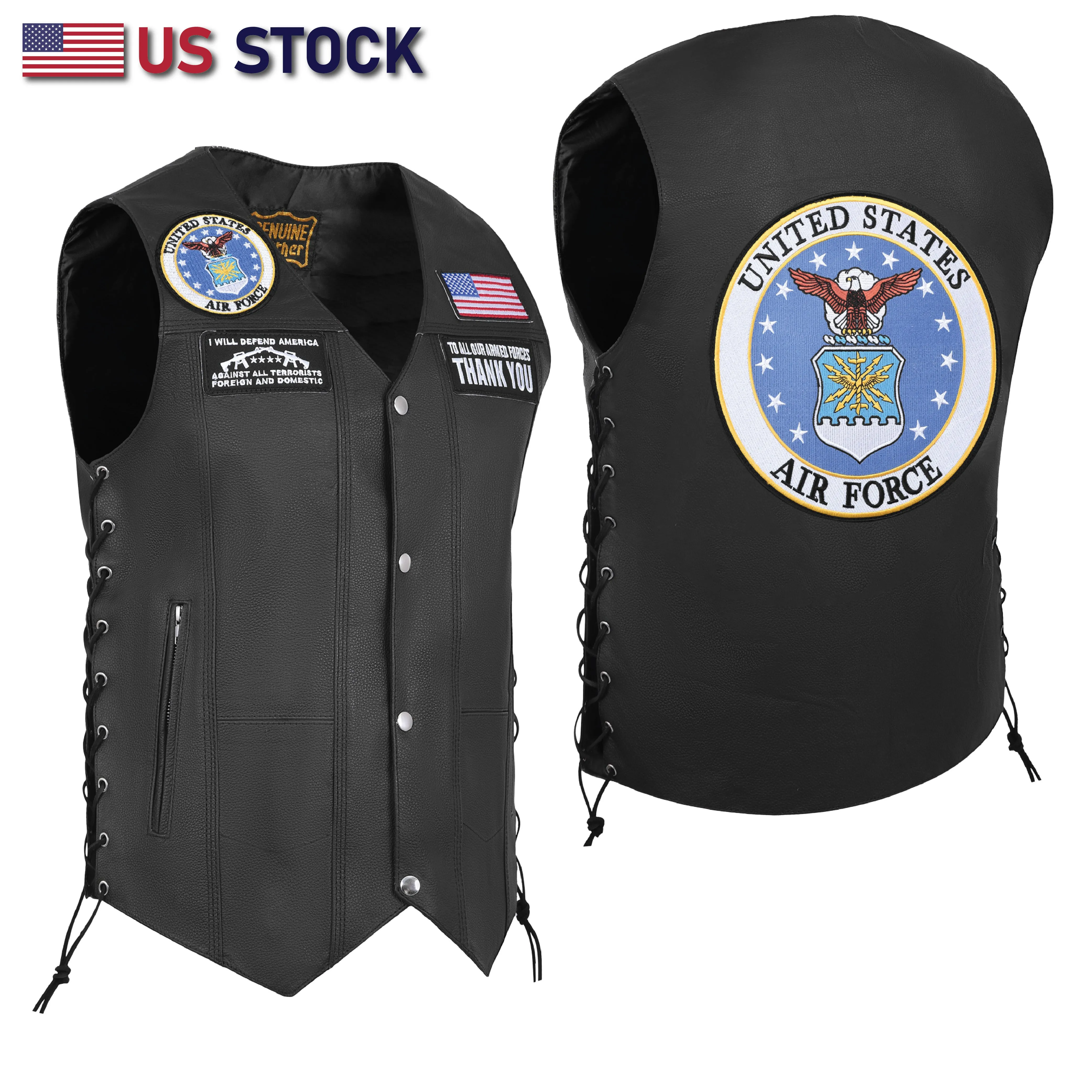 HL3540AIRFORCE Black Men's Genuine Leather 7 Pockets Motorcycle Biker Vest ANARCHY Black SOA