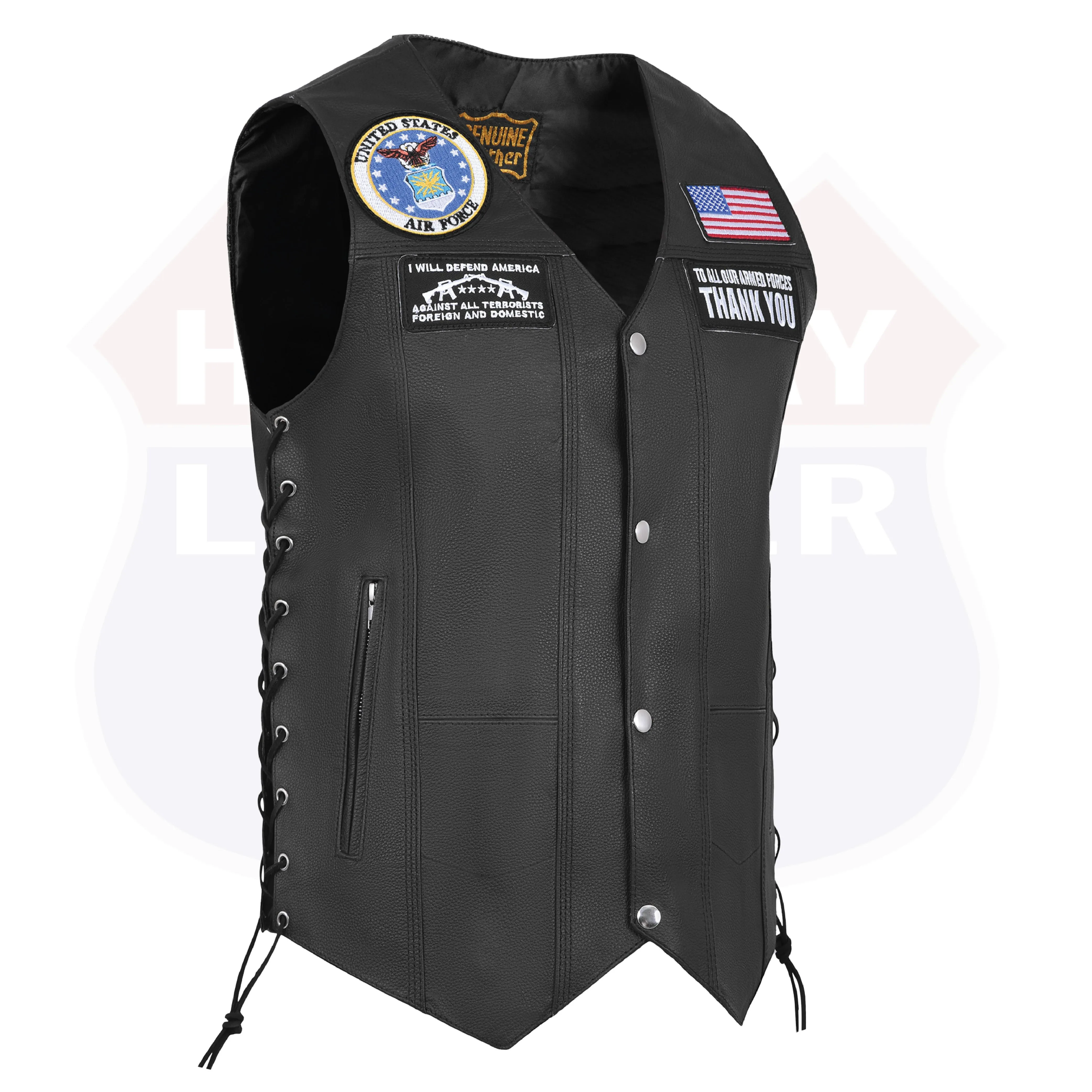 HL3540AIRFORCE Black Men's Genuine Leather 7 Pockets Motorcycle Biker Vest ANARCHY Black SOA