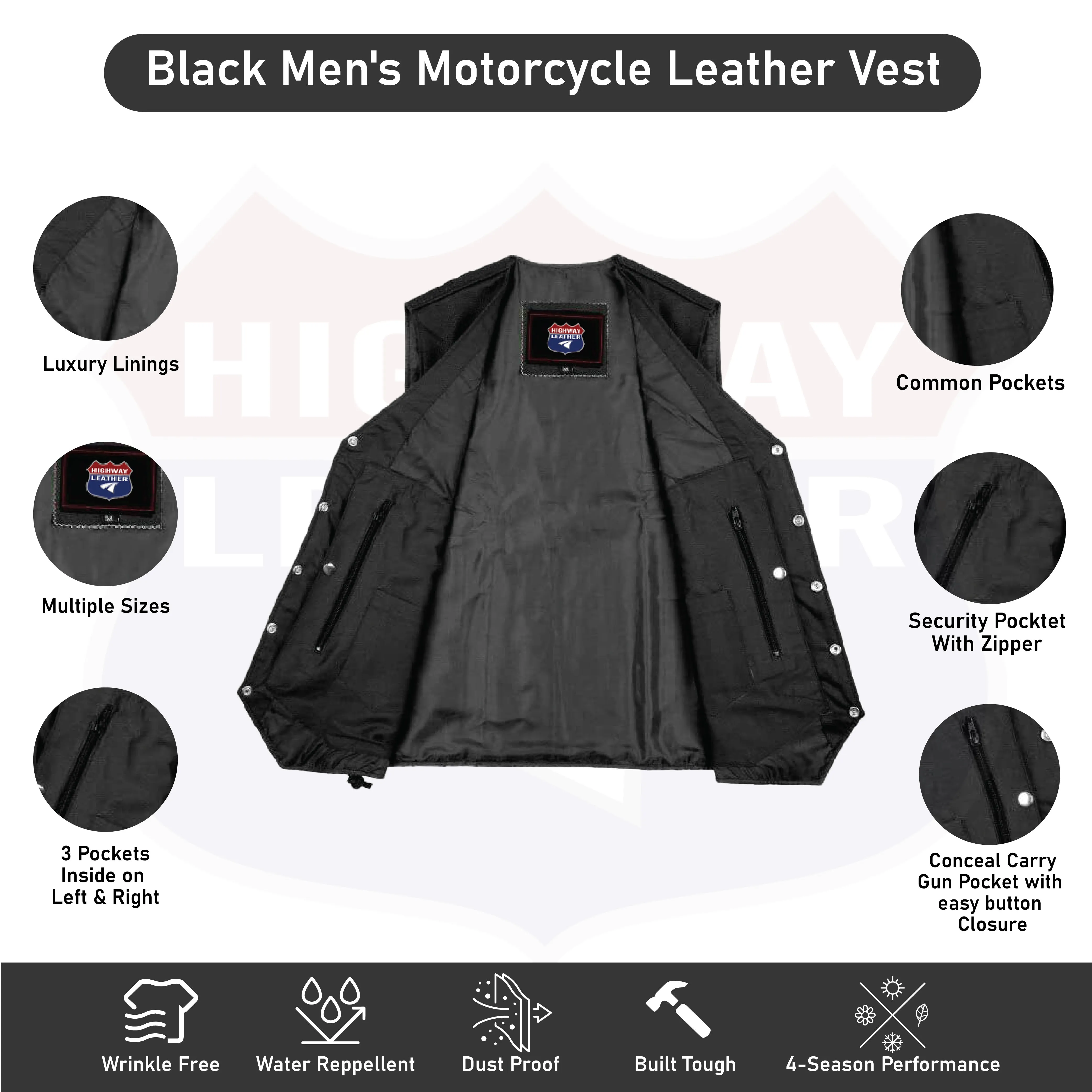 HL3540ARMY Black Men's Genuine Leather 7 Pockets Motorcycle Biker Vest ANARCHY Black SOA