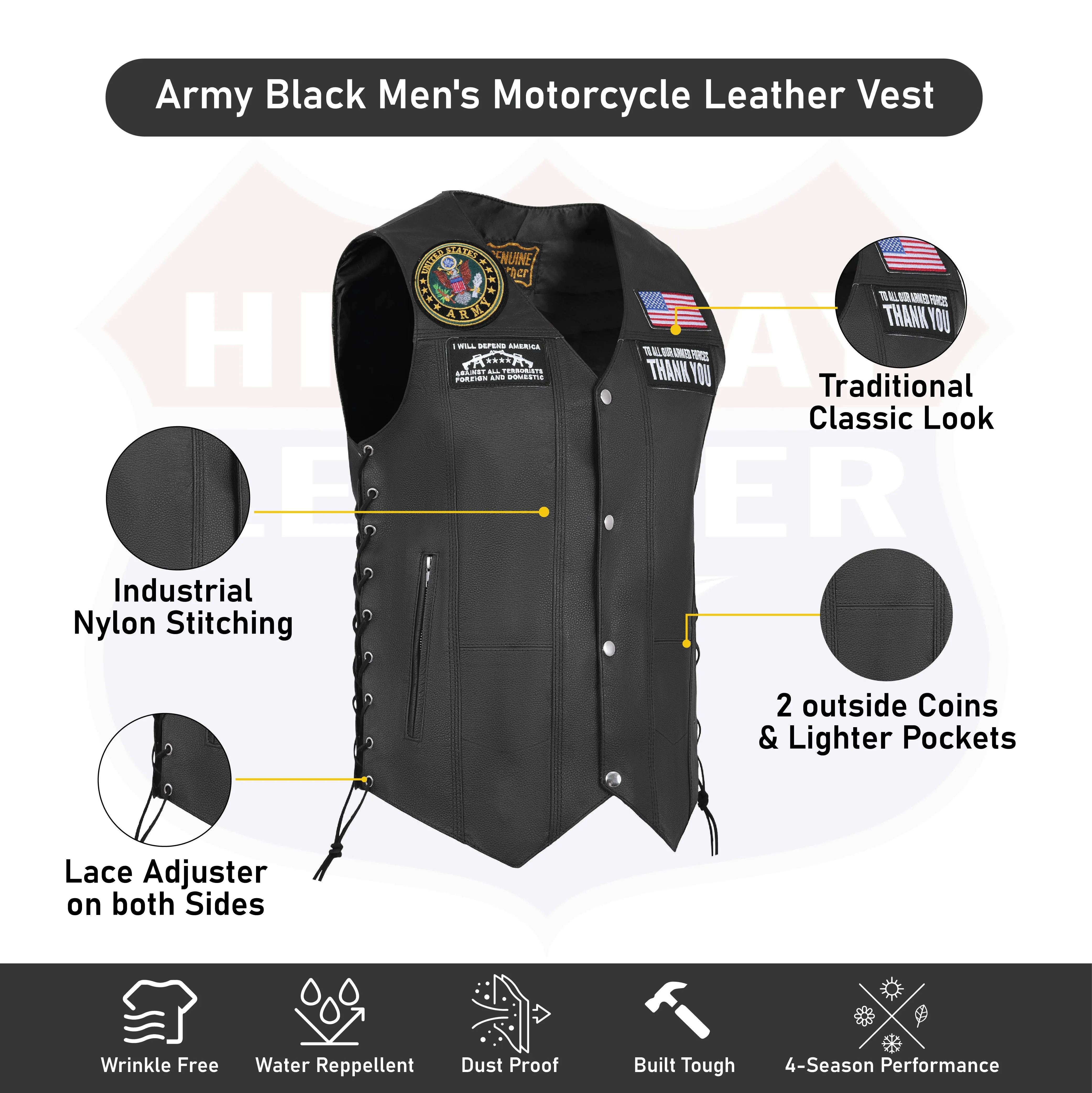 HL3540ARMY Black Men's Genuine Leather 7 Pockets Motorcycle Biker Vest ANARCHY Black SOA