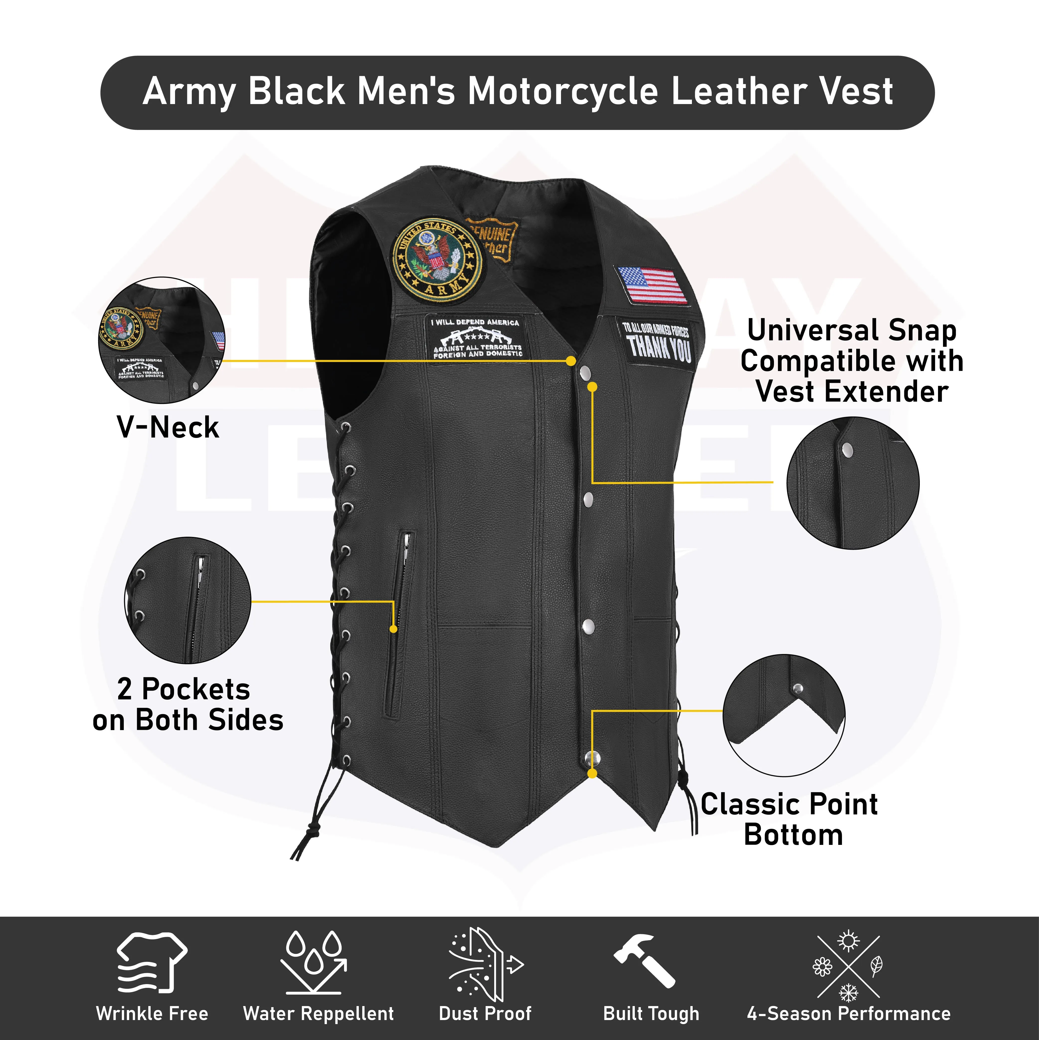 HL3540ARMY Black Men's Genuine Leather 7 Pockets Motorcycle Biker Vest ANARCHY Black SOA