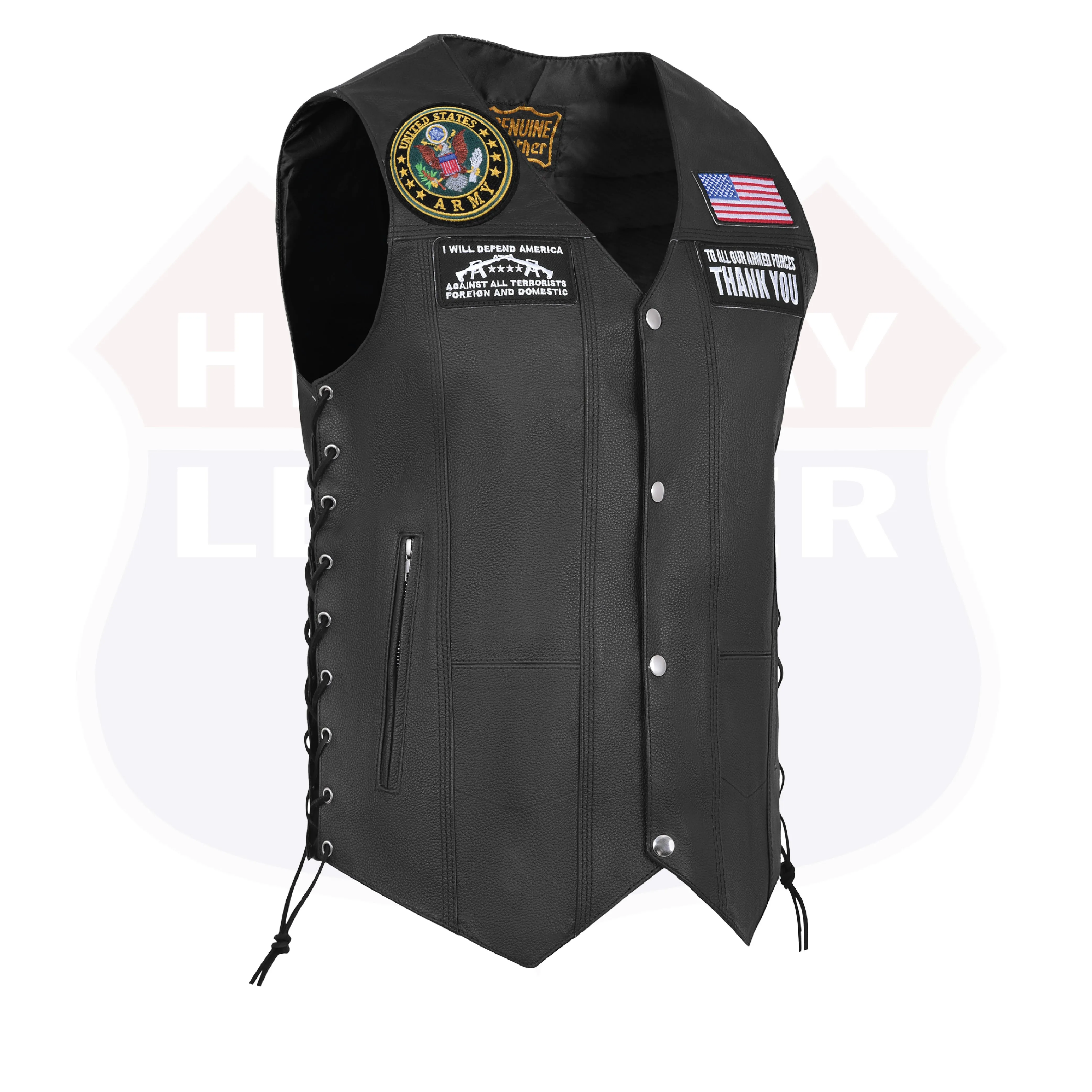 HL3540ARMY Black Men's Genuine Leather 7 Pockets Motorcycle Biker Vest ANARCHY Black SOA