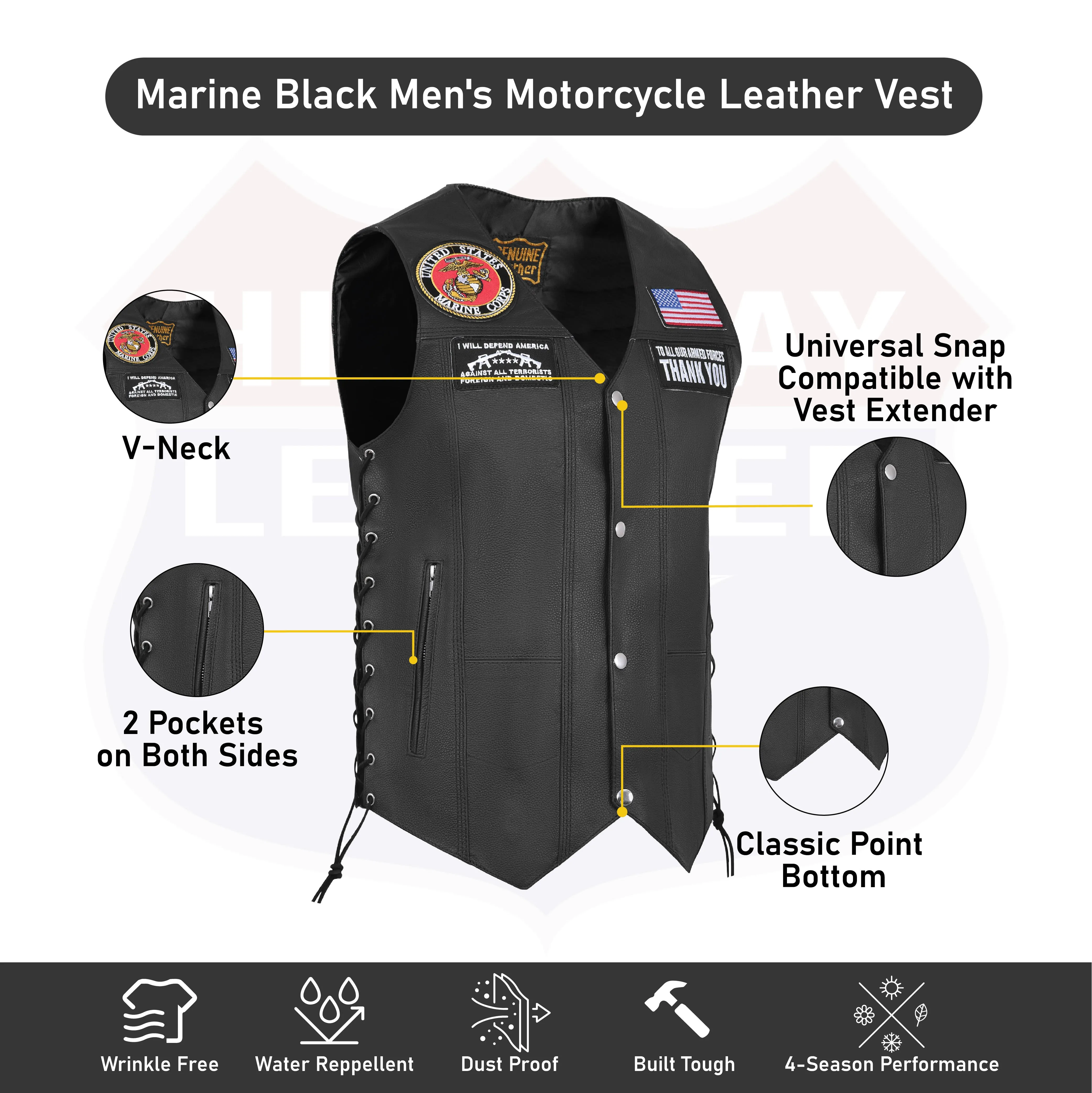 HL3540MARINE Black Men's Genuine Leather 7 Pockets Motorcycle Biker Vest ANARCHY Black SOA