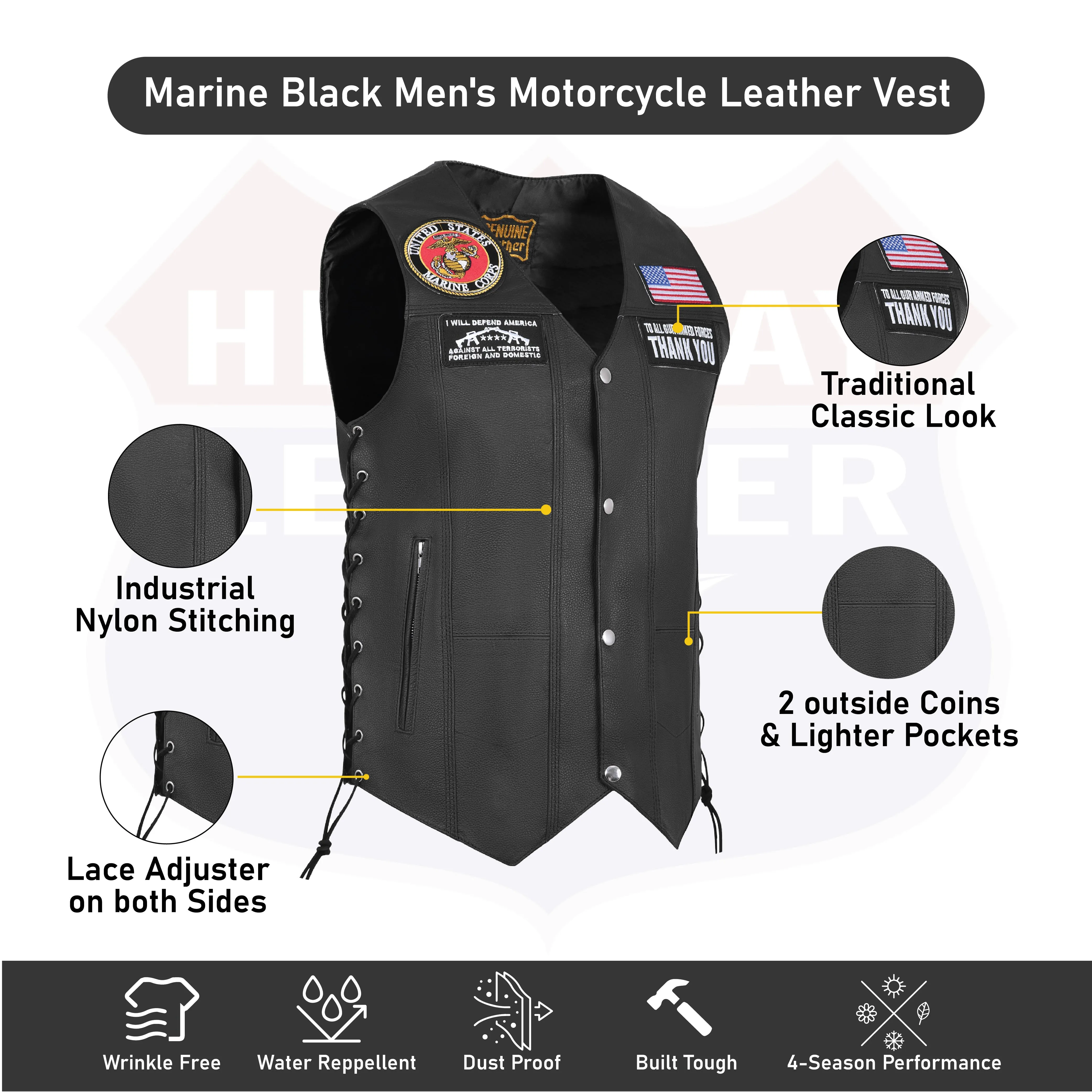 HL3540MARINE Black Men's Genuine Leather 7 Pockets Motorcycle Biker Vest ANARCHY Black SOA