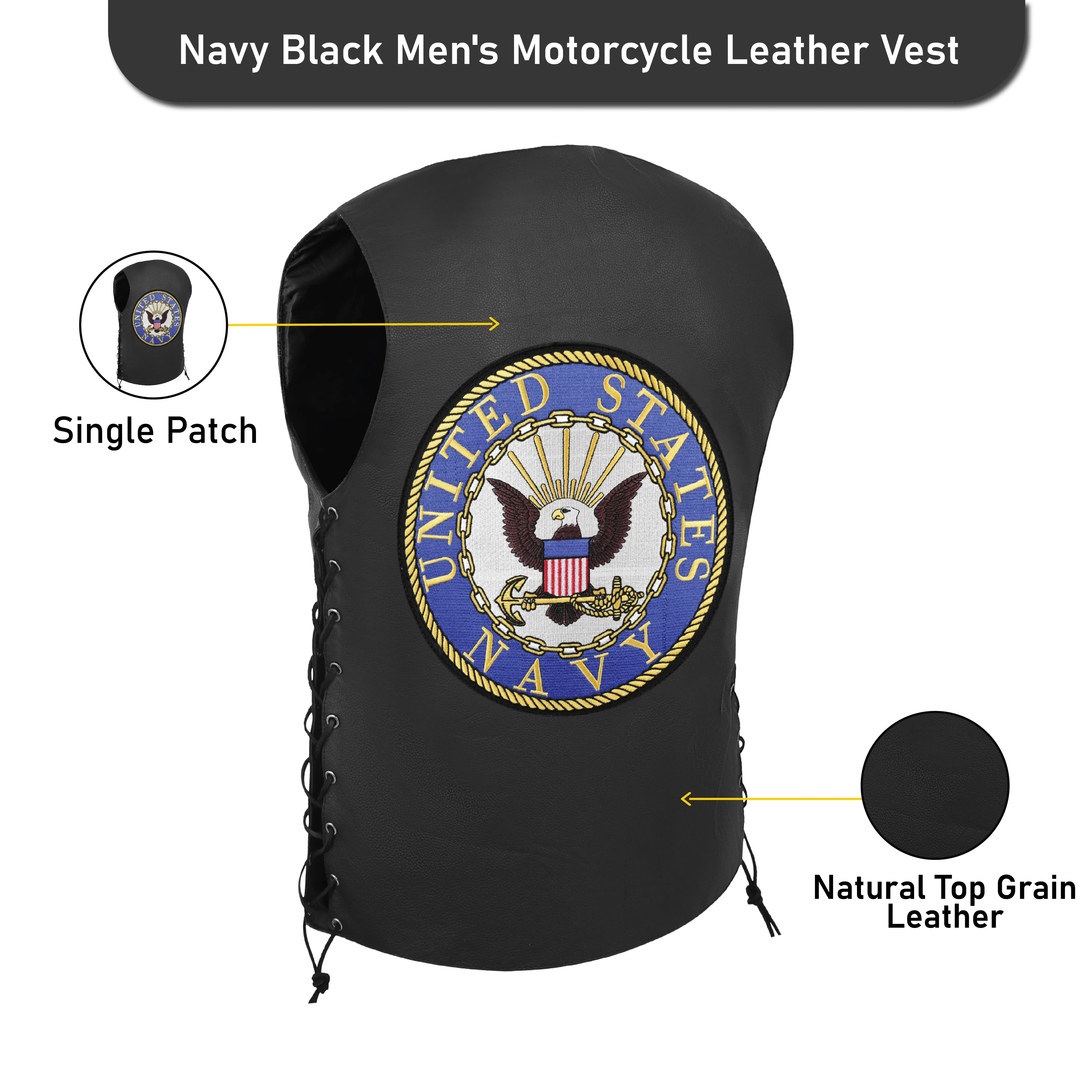 HL3540NAVY Black Men's Genuine Leather 7 Pockets Motorcycle Biker Vest ANARCHY Black SOA