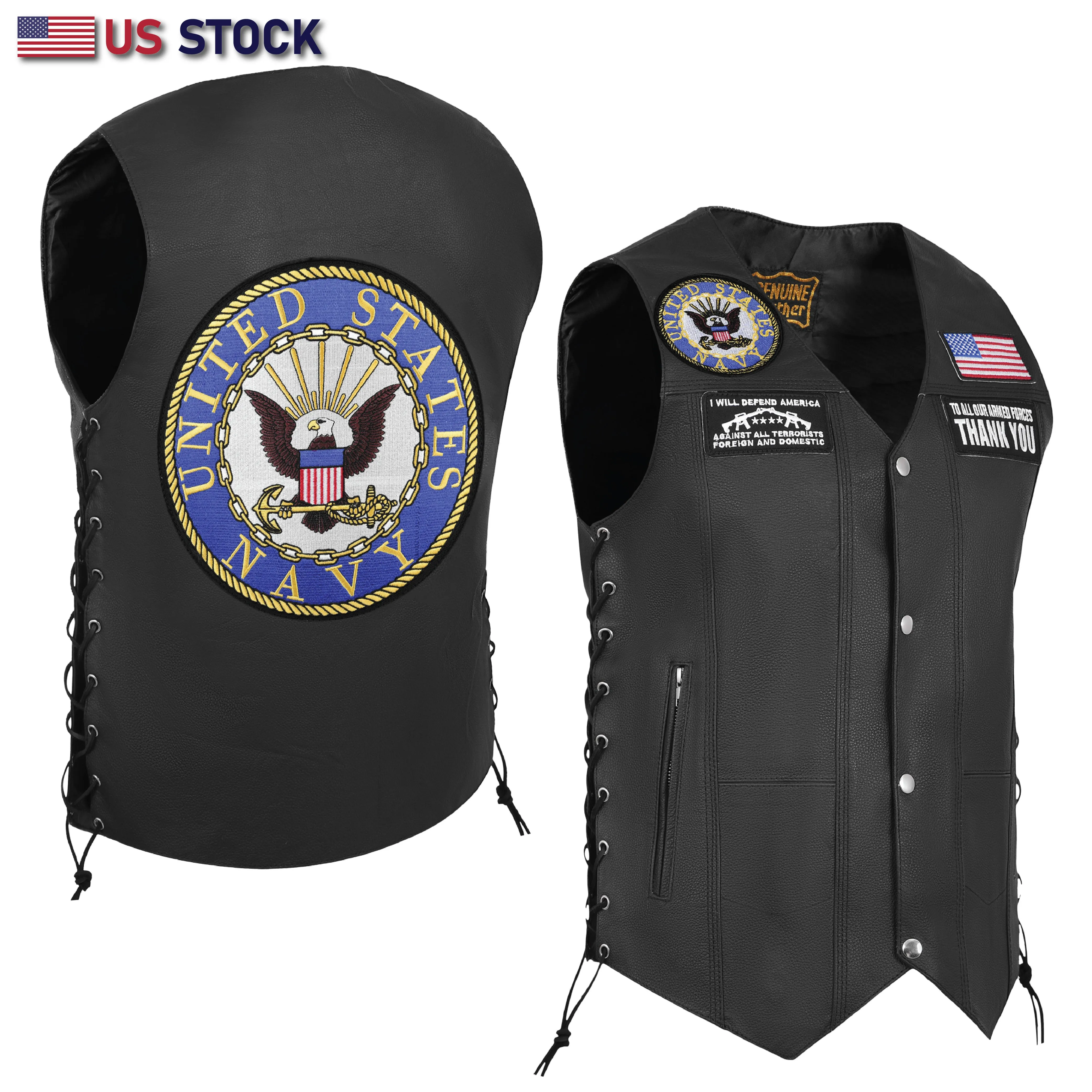 HL3540NAVY Black Men's Genuine Leather 7 Pockets Motorcycle Biker Vest ANARCHY Black SOA