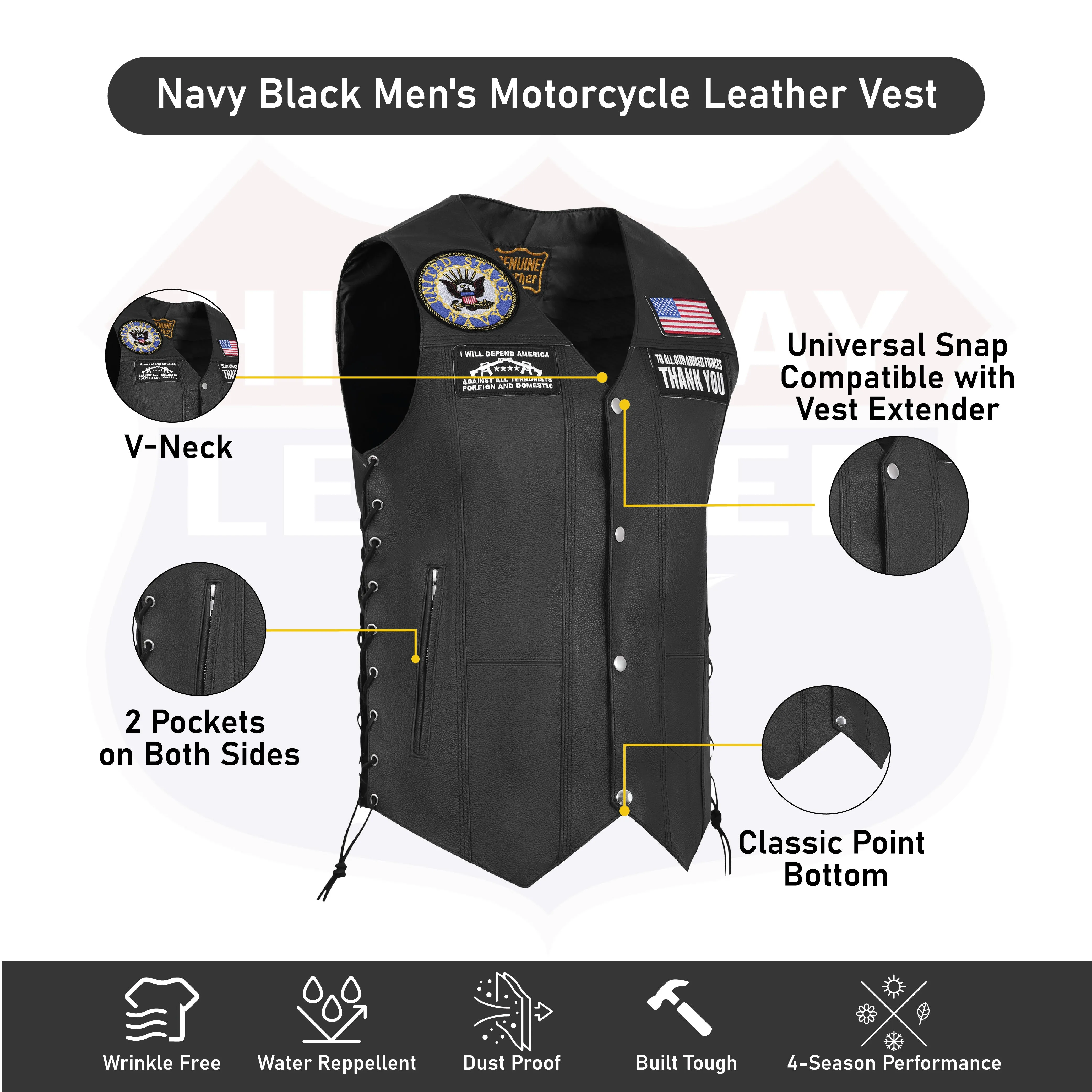 HL3540NAVY Black Men's Genuine Leather 7 Pockets Motorcycle Biker Vest ANARCHY Black SOA