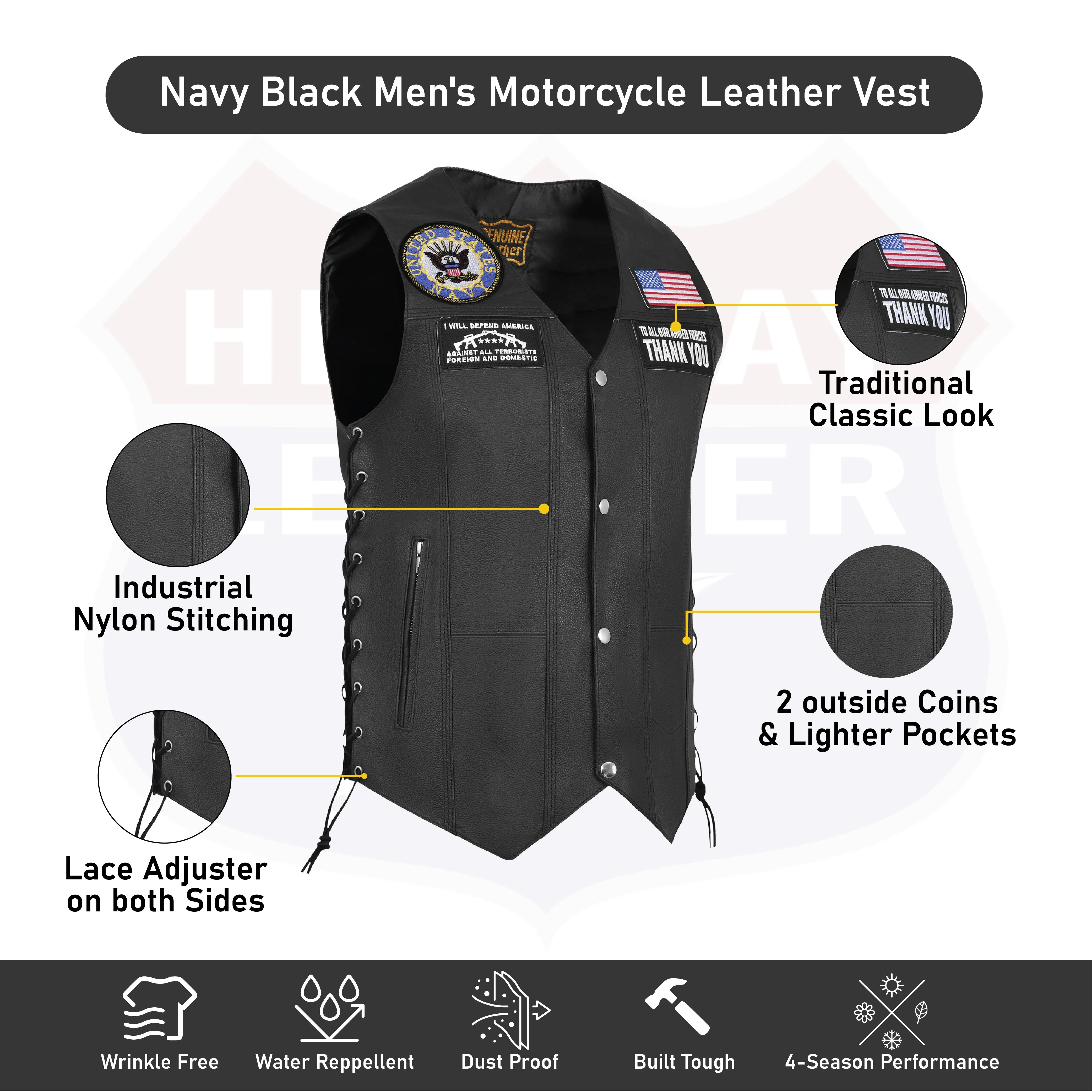 HL3540NAVY Black Men's Genuine Leather 7 Pockets Motorcycle Biker Vest ANARCHY Black SOA