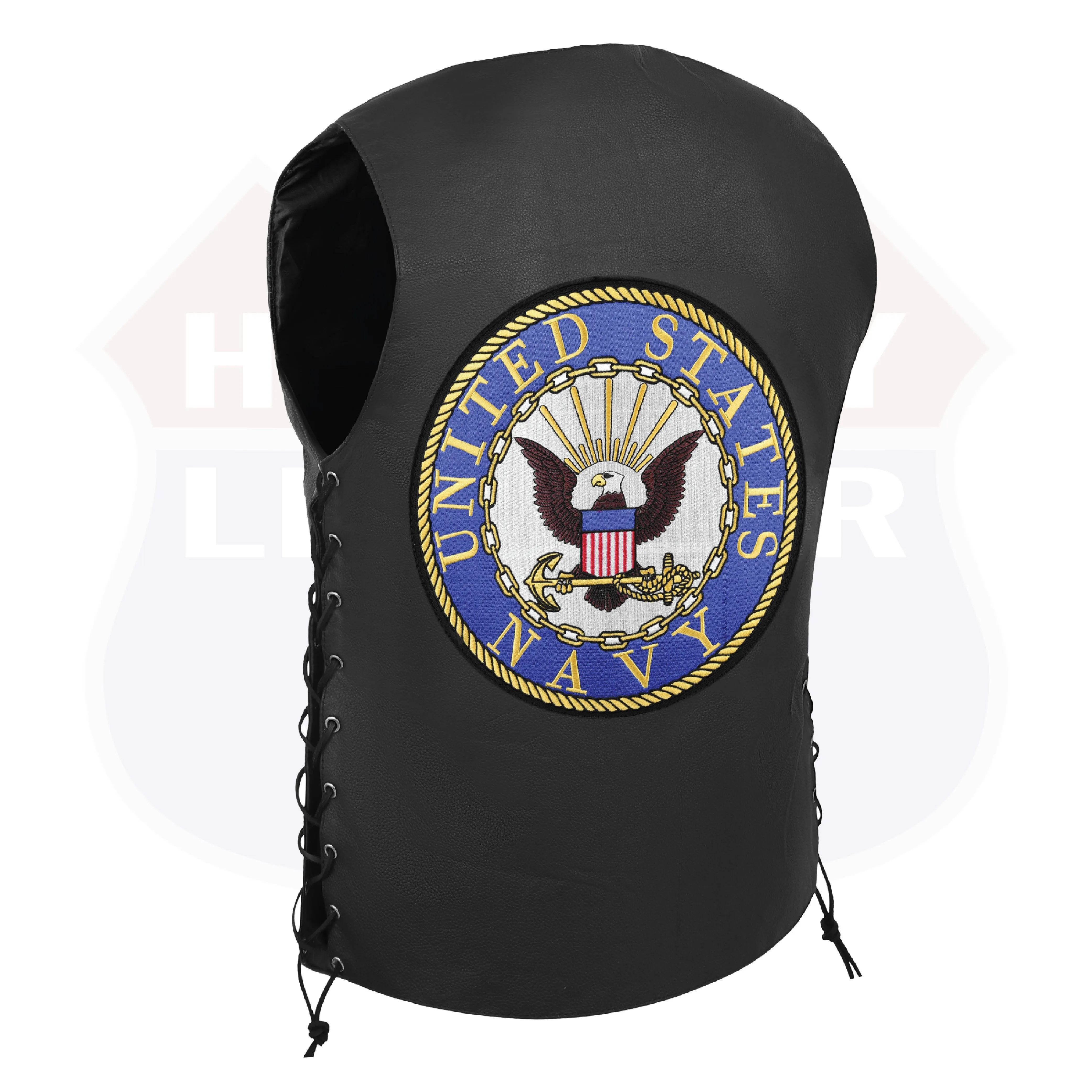 HL3540NAVY Black Men's Genuine Leather 7 Pockets Motorcycle Biker Vest ANARCHY Black SOA