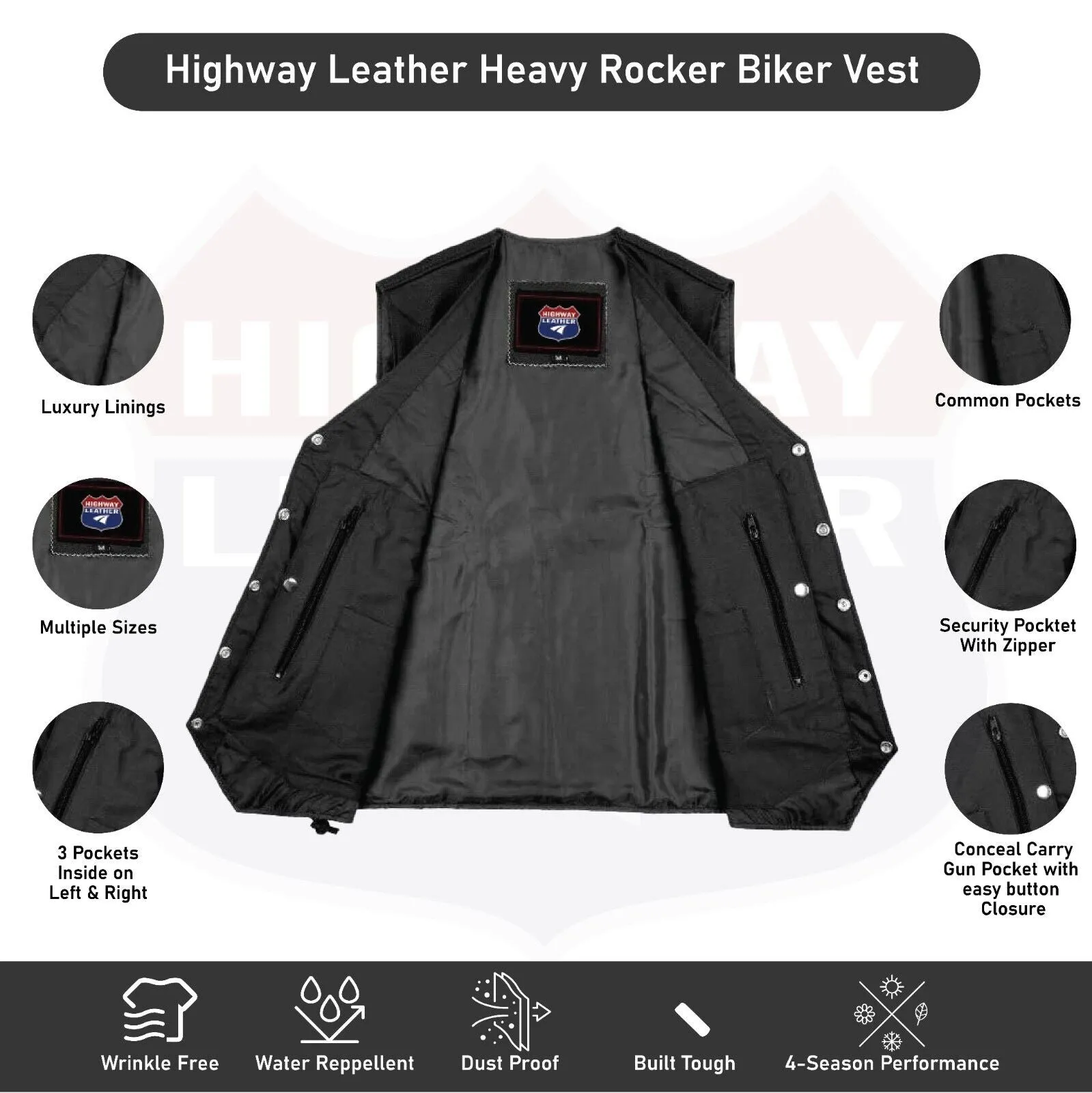 HL3540SPT Black Mens Genuine Leather 7 Pockets Motorcycle Biker Vest ANARCHY Black SOA