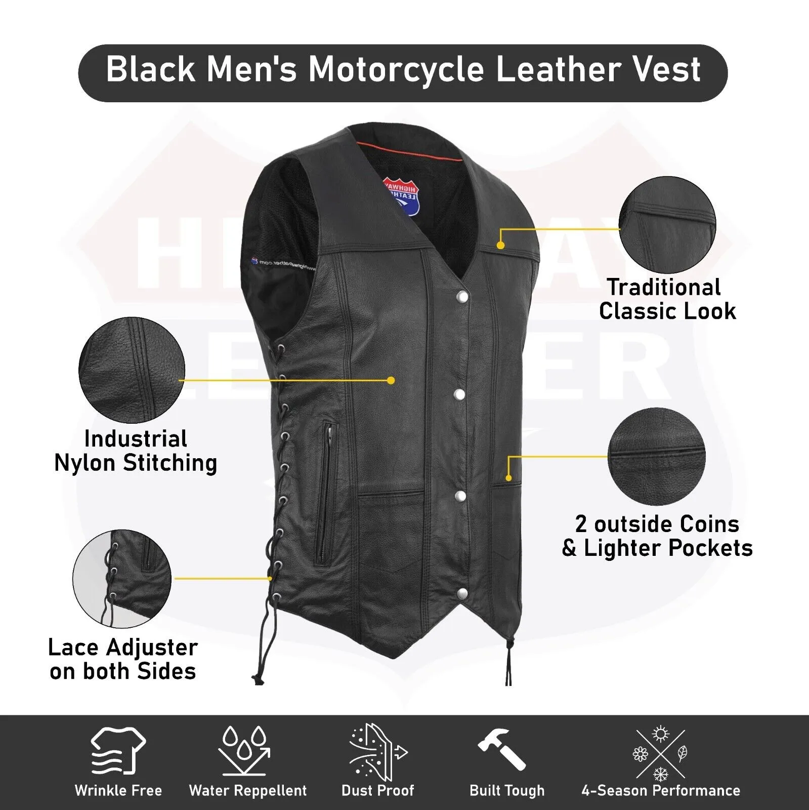 HL3540SPT Black Mens Genuine Leather 7 Pockets Motorcycle Biker Vest ANARCHY Black SOA