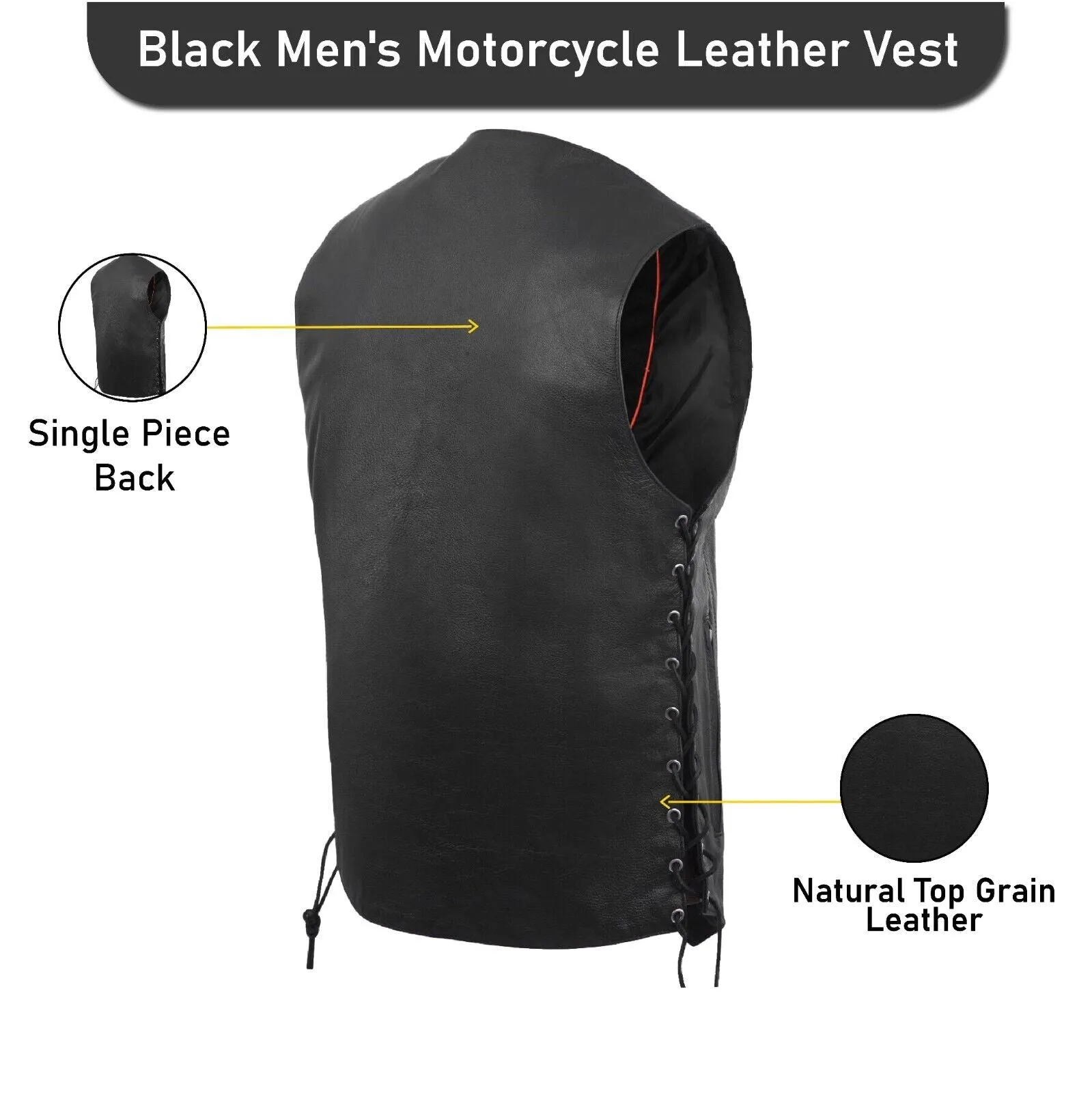 HL3540SPT Black Mens Genuine Leather 7 Pockets Motorcycle Biker Vest ANARCHY Black SOA