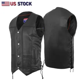 HL3540SPT Black Mens Genuine Leather 7 Pockets Motorcycle Biker Vest ANARCHY Black SOA
