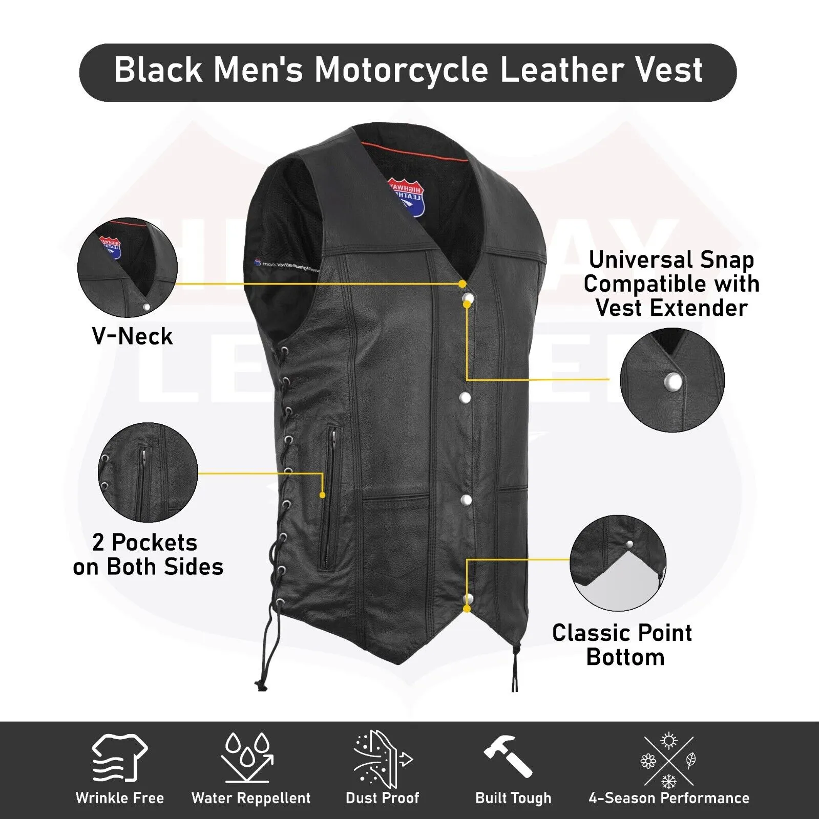 HL3540SPT Black Mens Genuine Leather 7 Pockets Motorcycle Biker Vest ANARCHY Black SOA