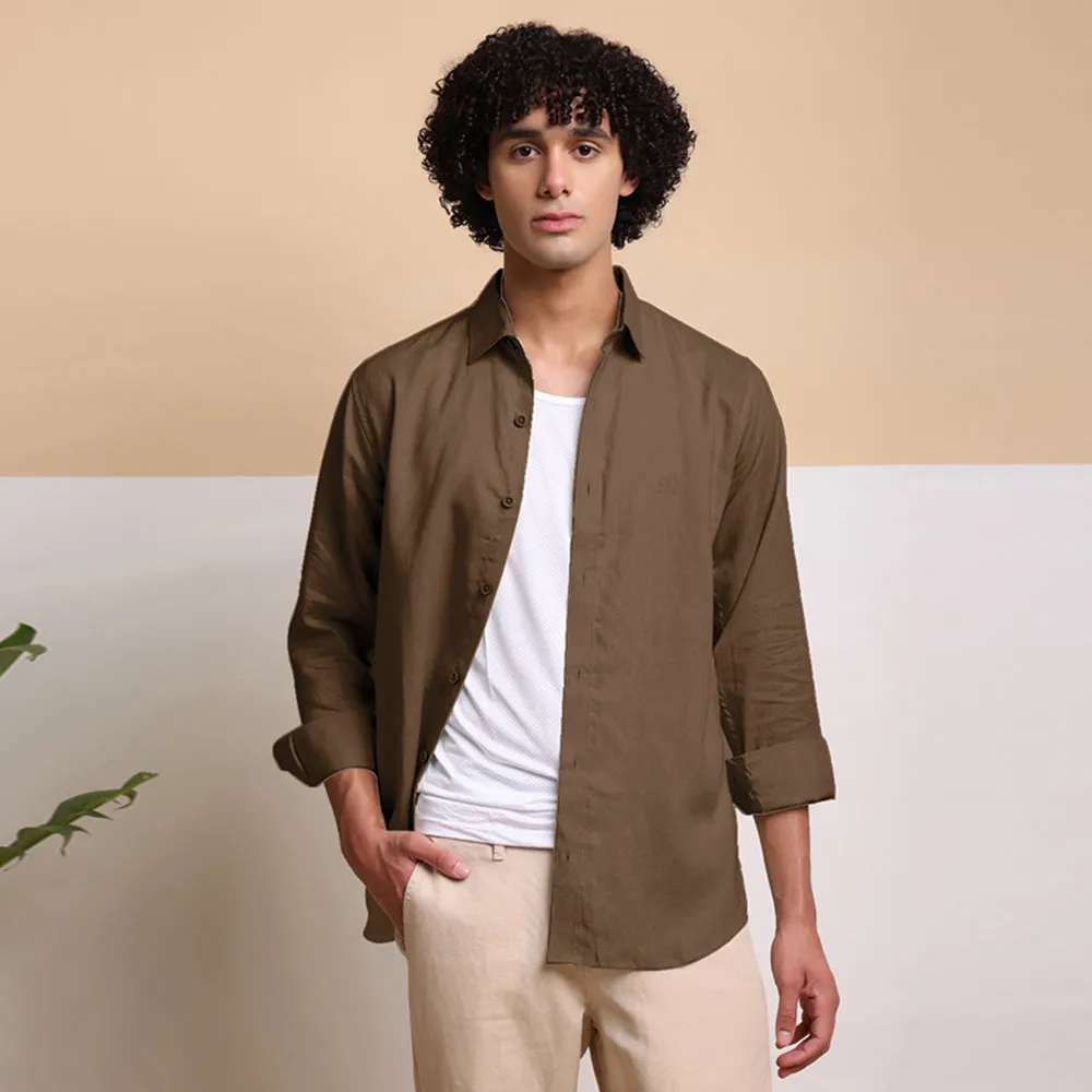 Men's Pure Linen Casual Shirt - Dark Brown