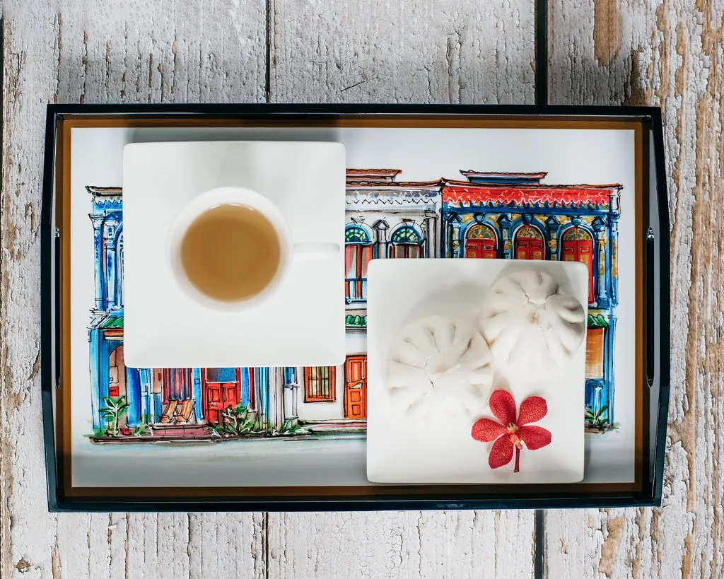 Singapore Themed Blue Lacquer Tray - Emerald Hill
