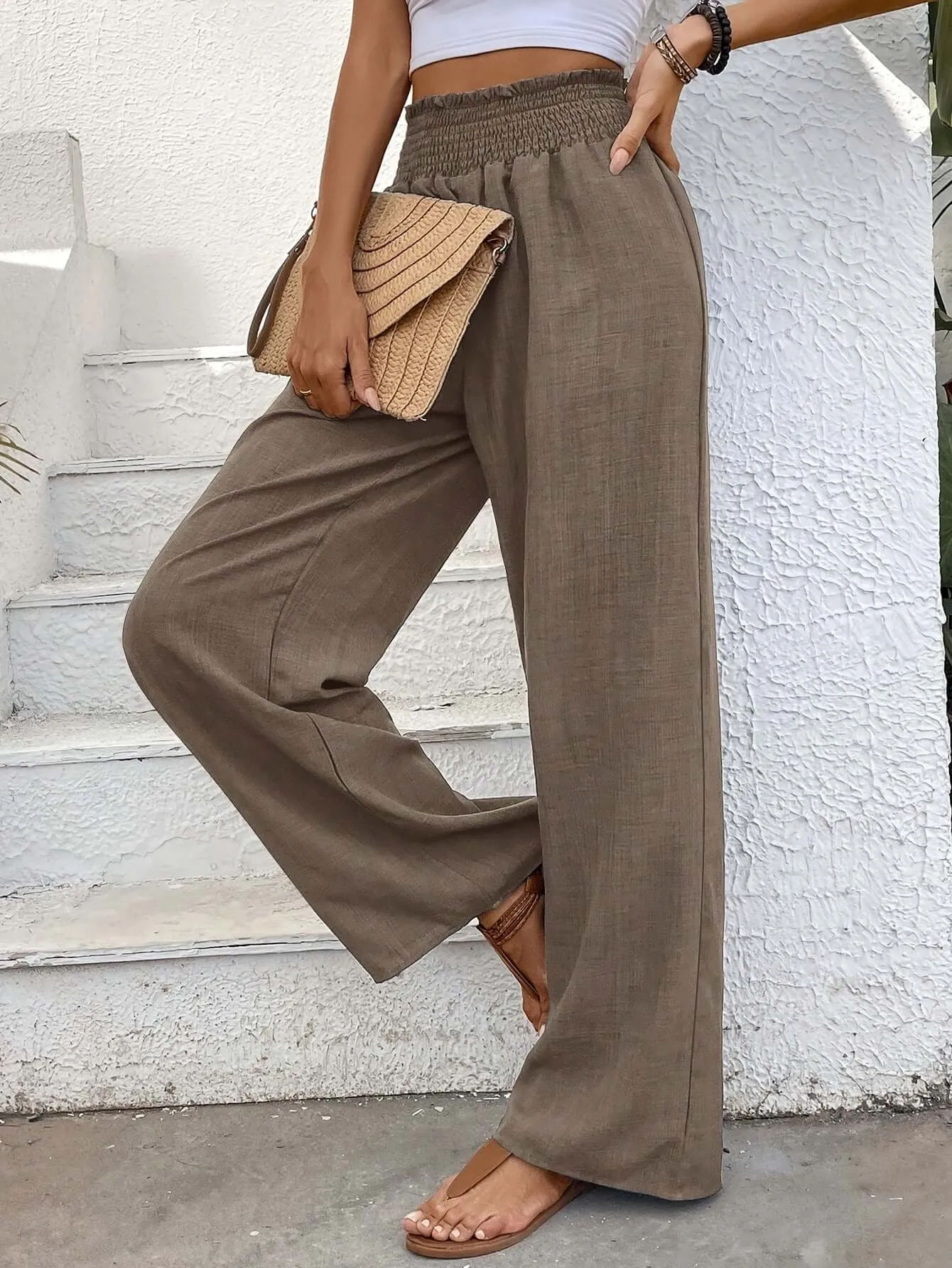 Women's High-Waisted Wide Leg Smocked Pants