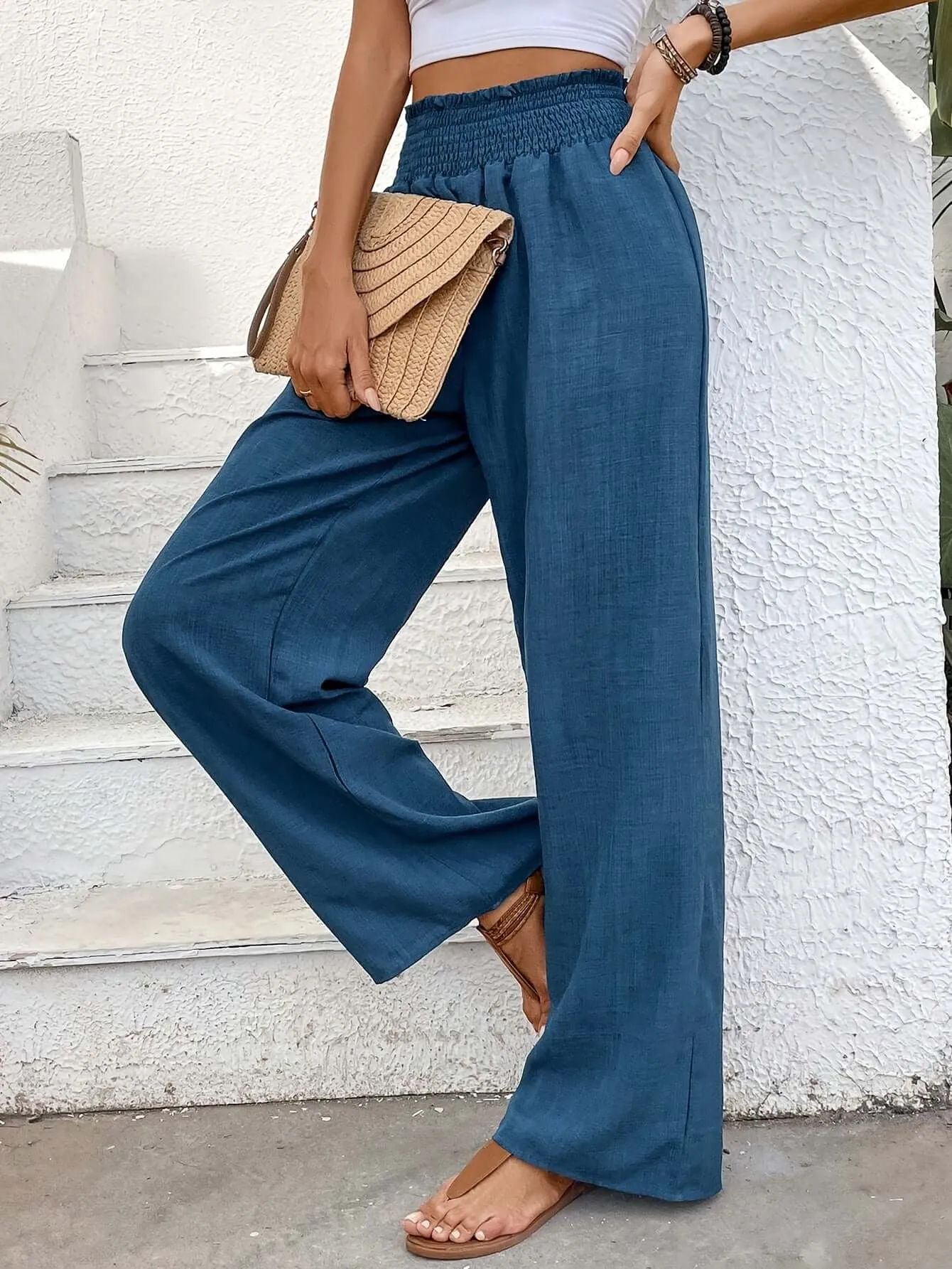 Women's High-Waisted Wide Leg Smocked Pants