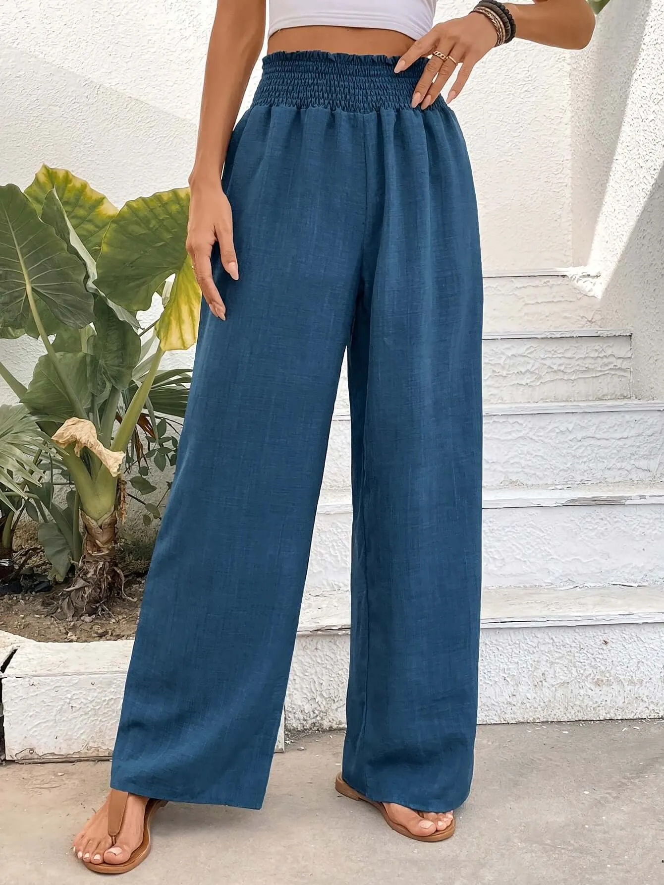 Women's High-Waisted Wide Leg Smocked Pants
