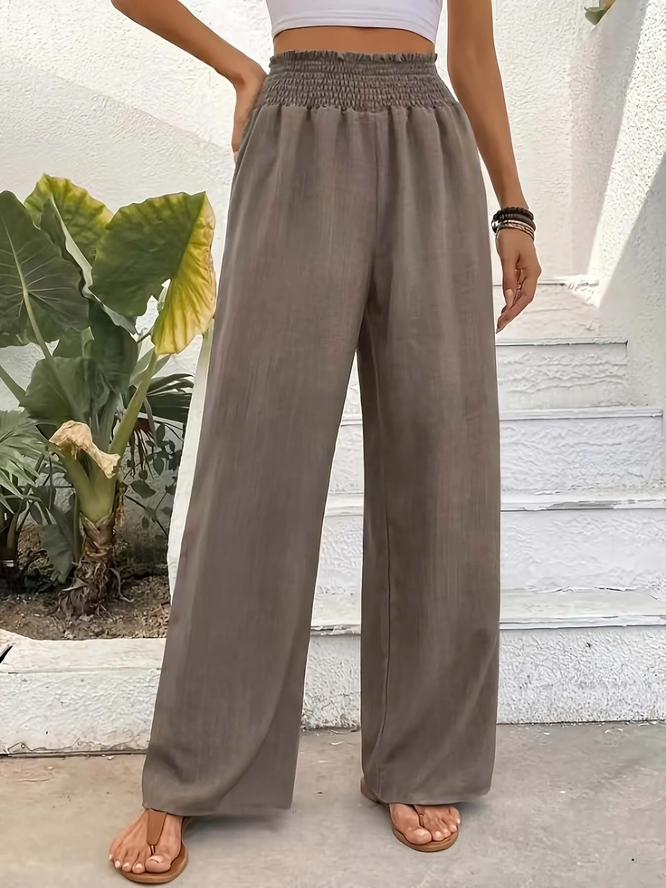 Women's High-Waisted Wide Leg Smocked Pants